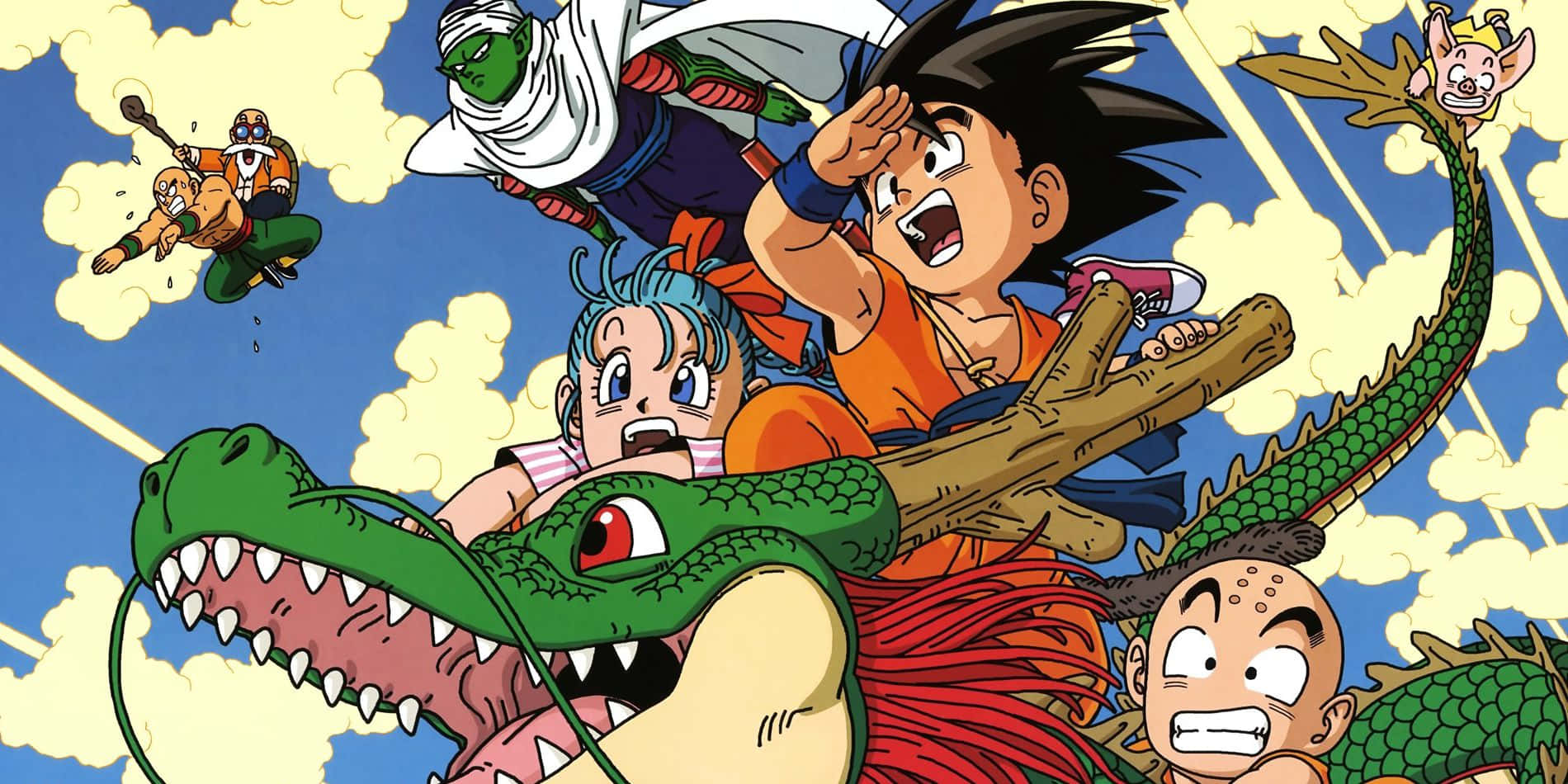 Dragon Ball Characters 桌布 壁紙 — 動感十足的動漫角色騎著一條巨大的綠色巨龍，穿過藍天白雲的明亮天空。