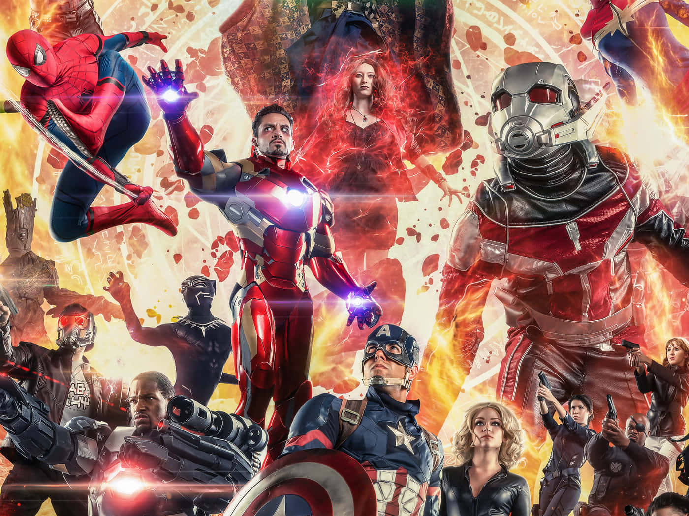 New Avengers 桌布 壁紙 — 動感十足的超級英雄組合，在發光的宇宙背景下擺出火熱的動作姿勢。