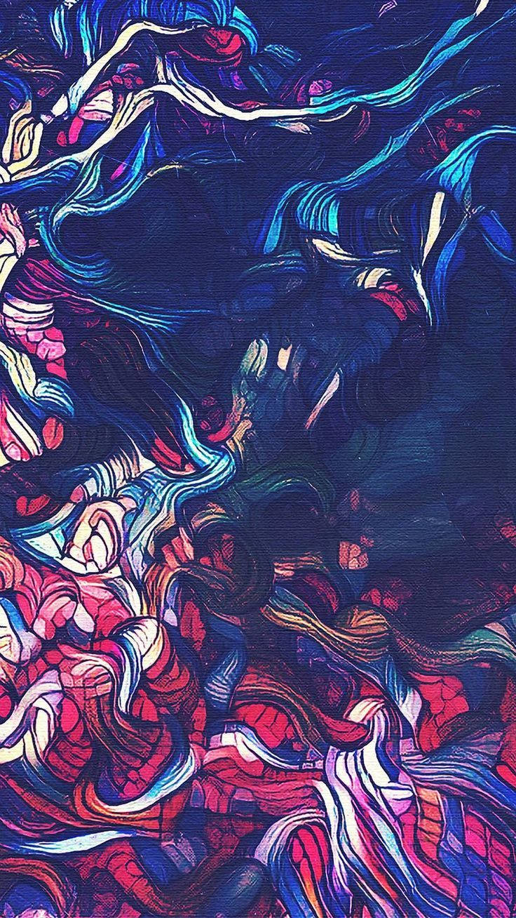 在紋理畫布上，帶有旋轉藍色和紅色筆觸的動態抽象藝術作品。