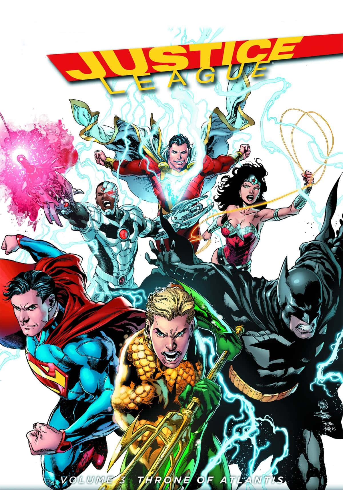 Justice League Throne Of Atlantis 桌布 壁紙 — 動感漫畫封面 featuring 正義聯盟英雄以充滿電能效果的動作姿態登場。