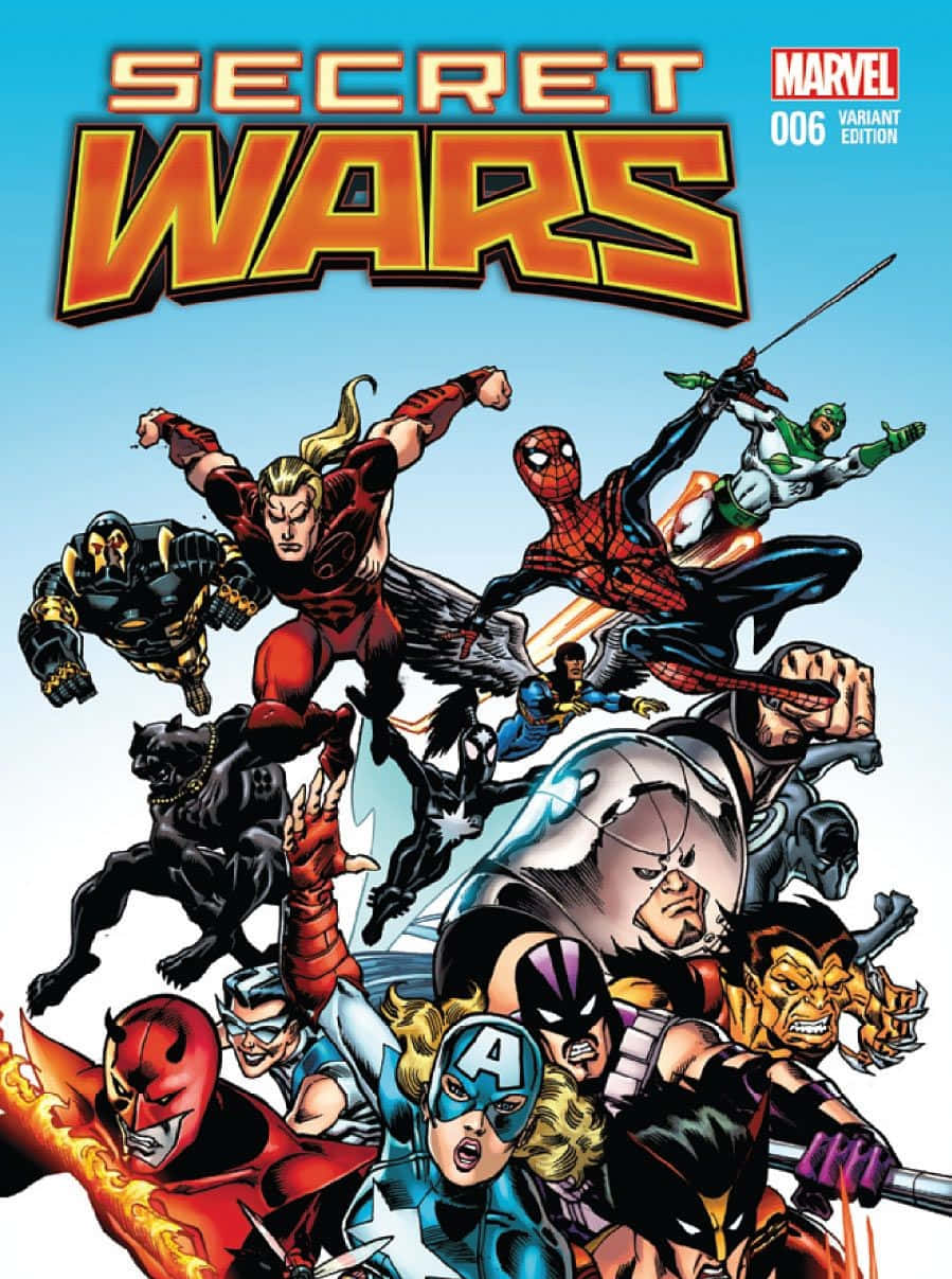 Secret Wars 桌布 壁紙 — 動感漫畫封面，Marvel 超級英雄與反派在明亮的藍天下激烈交戰。