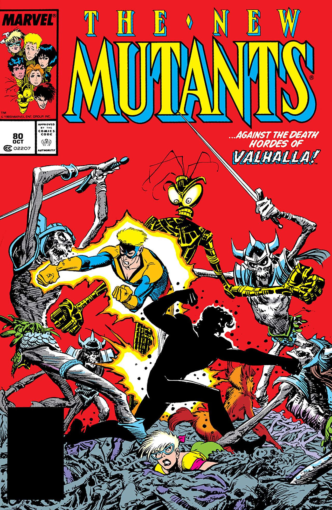 Mutants 桌布 壁紙 — 動感漫畫封面，描繪新變種人（The New Mutants）在火紅背景中與骷髏戰士戰鬥。