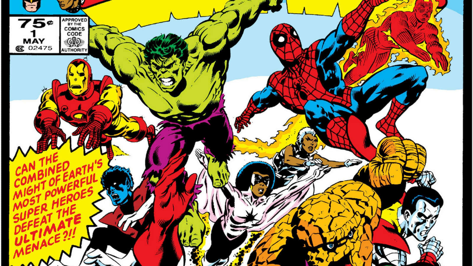 Secret Wars 桌布 壁紙 — 動感漫畫封面，描繪變形俠醫、蜘蛛俠、鐵甲奇俠及其他英雄在明亮的黃色天空下激戰。