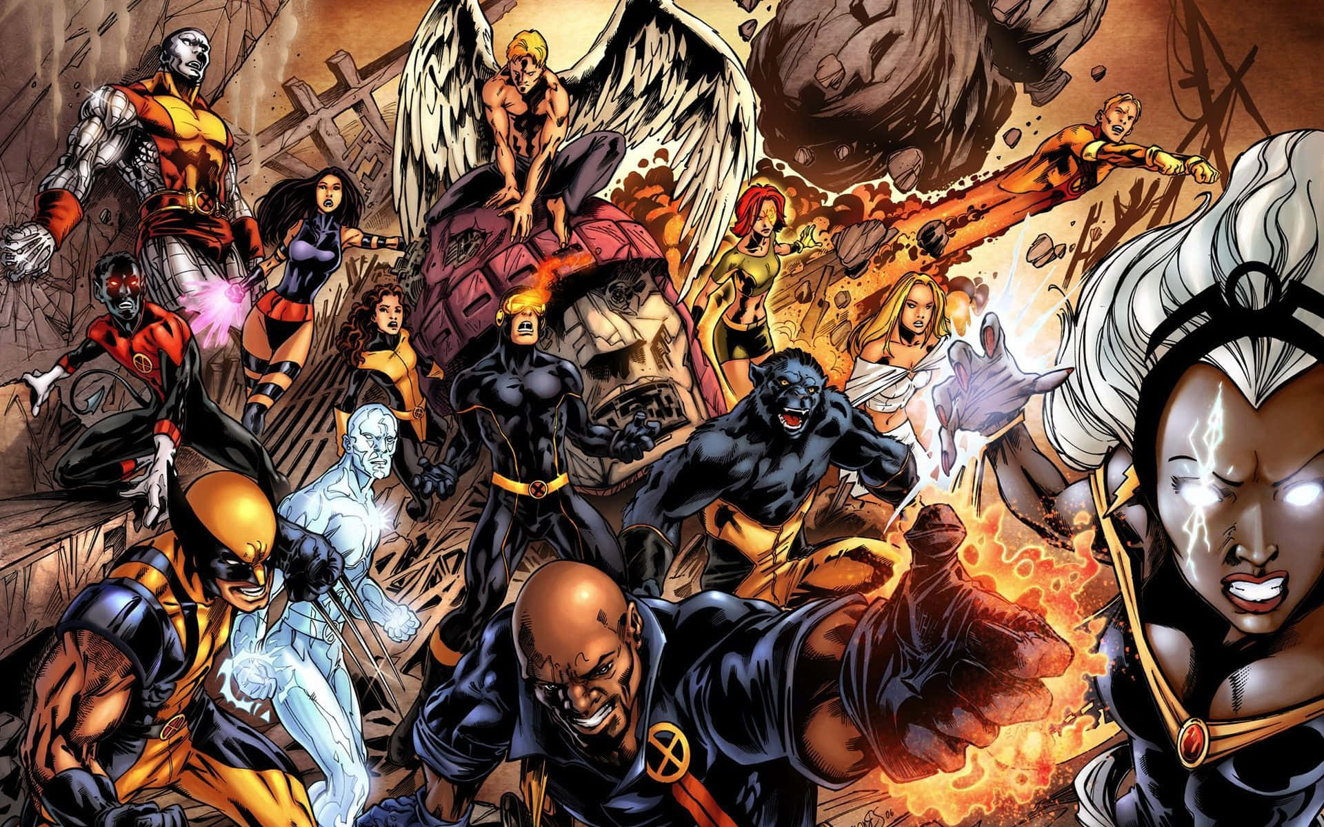 Uncanny X-Men 壁紙 — 動感漫畫插圖，描繪X-Men角色在熾熱爆炸和崩塌瓦礫中激戰。
