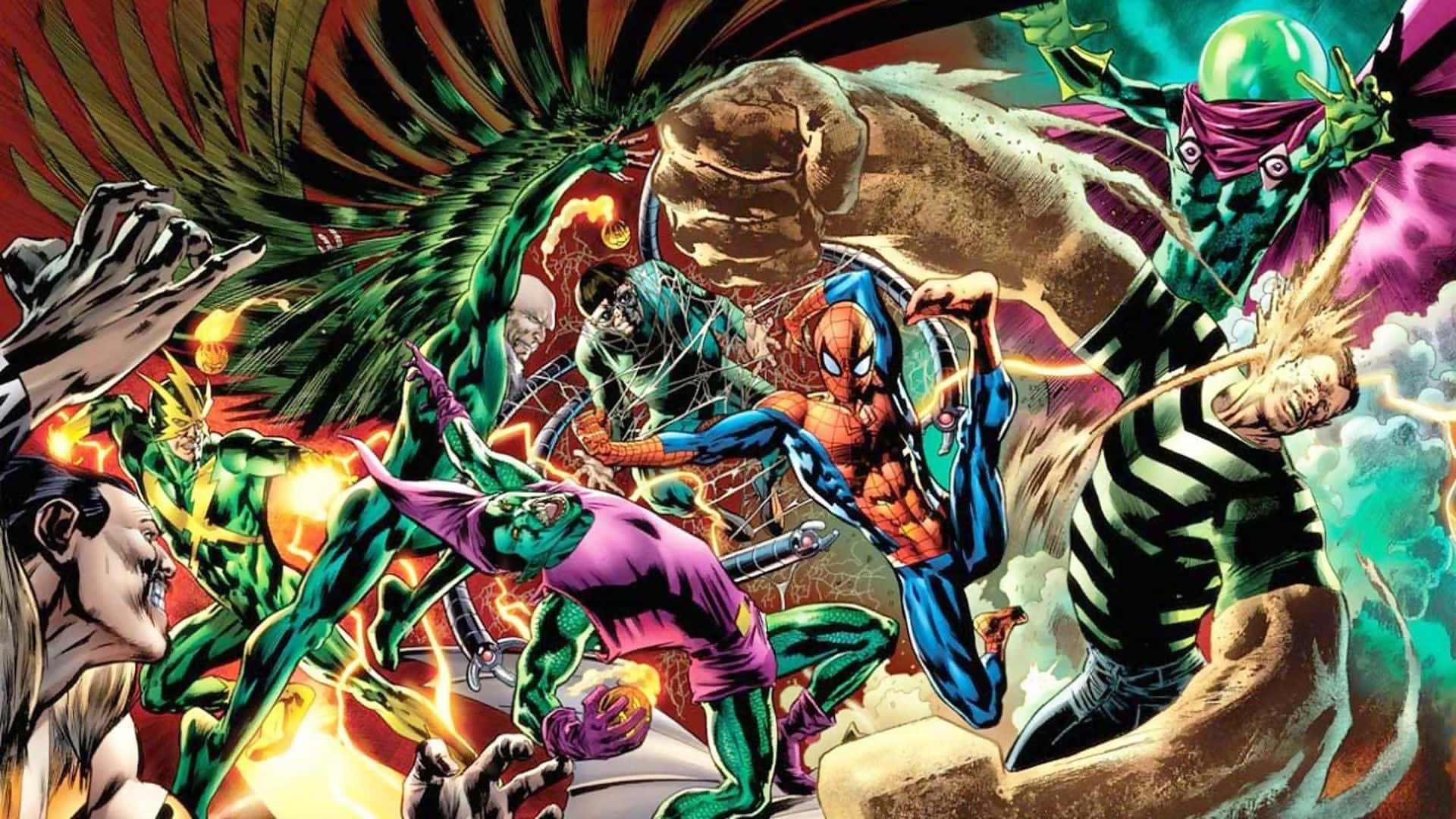 Sinister Six 桌布 壁紙 — 動感漫畫插圖，描繪蜘蛛俠在混亂、色彩繽紛、動作密集的場景中與多名反派戰鬥。