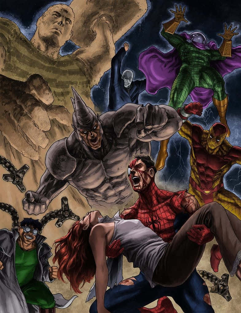 Sinister Six 桌布 壁紙 — 動感漫畫插圖，蜘蛛俠在混亂、動作密集的場景中與多名反派戰鬥。