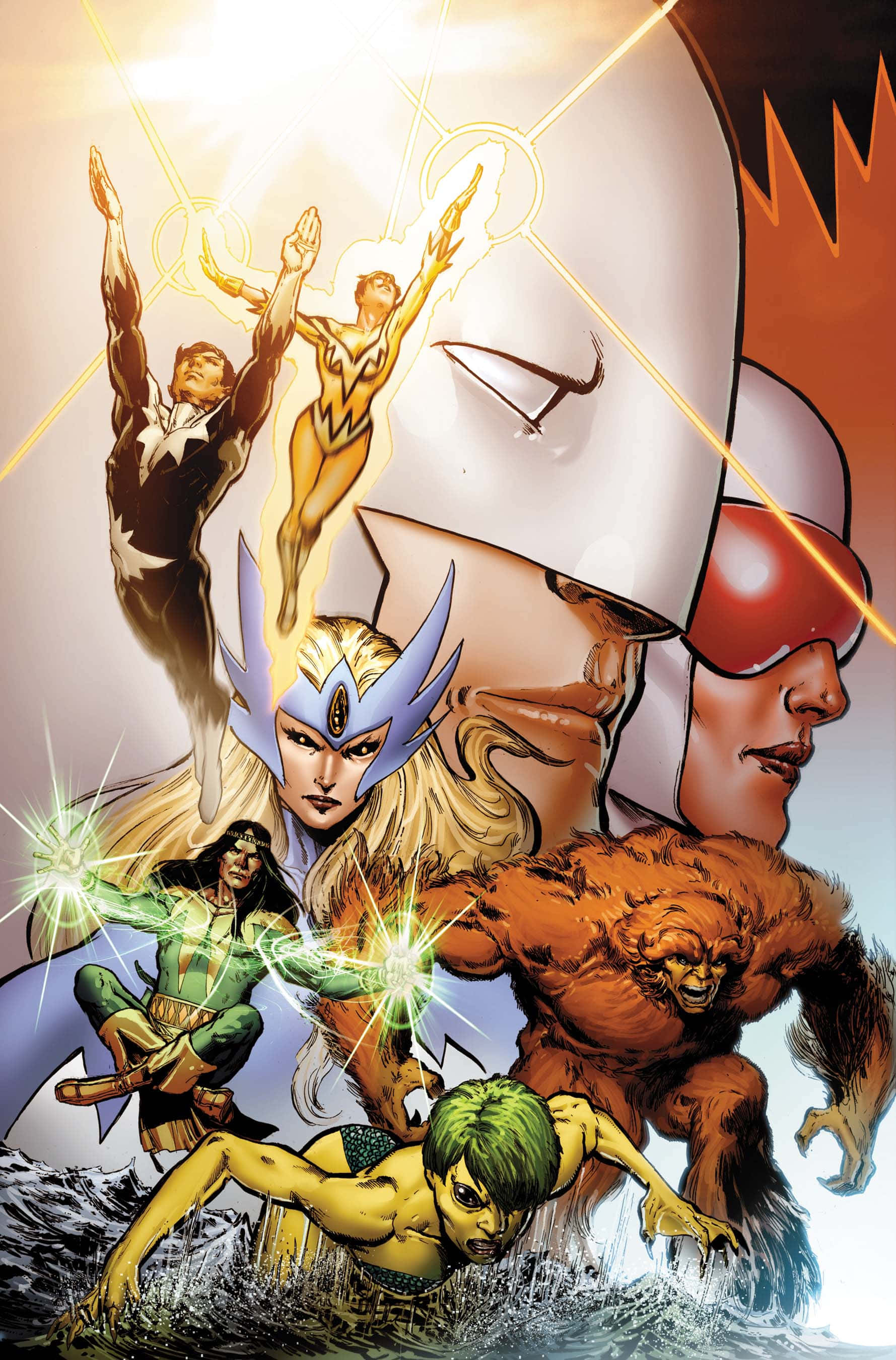 Alpha Flight 桌布 壁紙 — 動感漫畫英雄，帶有發光能量效果和戲劇性姿勢，背景光彩奪目。