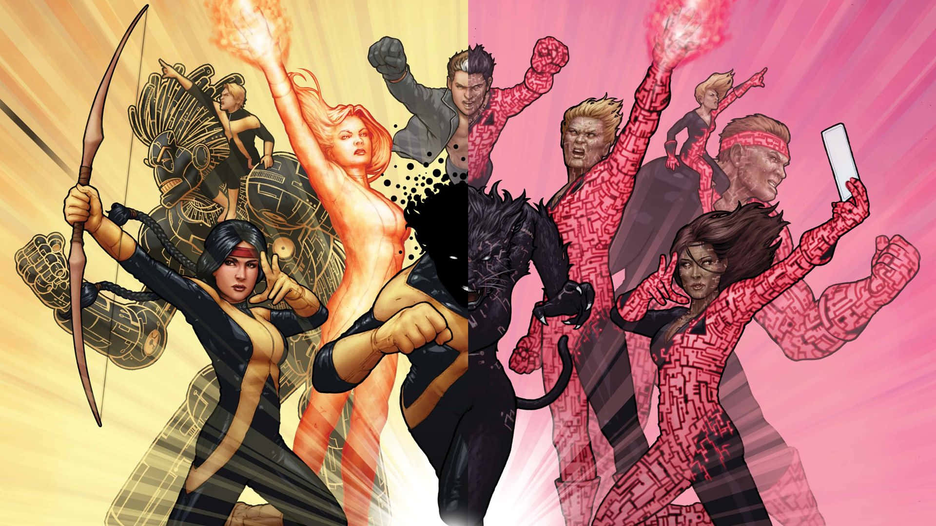 New Mutants 桌布 壁紙 — 動感漫畫英雄以充滿活力的姿勢，在分裂的黃色和粉紅色背景上，帶有爆炸性能量效果。
