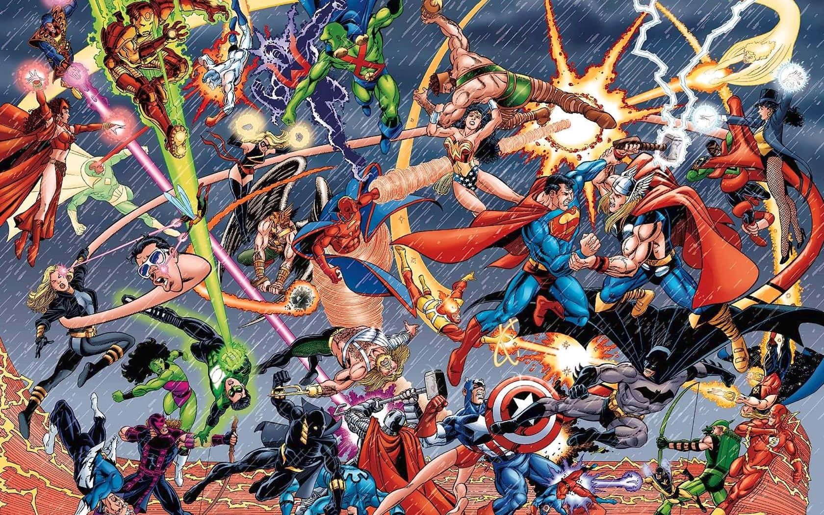 Secret Wars 桌布 壁紙 — 動感漫畫英雄在暴風雨的天空下，以能量爆炸和飛翔的身影展開混亂的戰鬥。