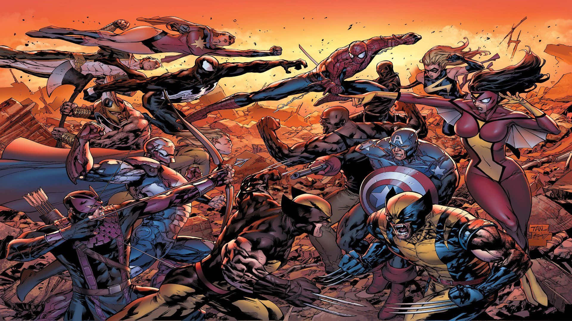Secret Wars 桌布 壁紙 — 動感漫畫英雄在熾熱橙色天空下的瓦礫中戰鬥。