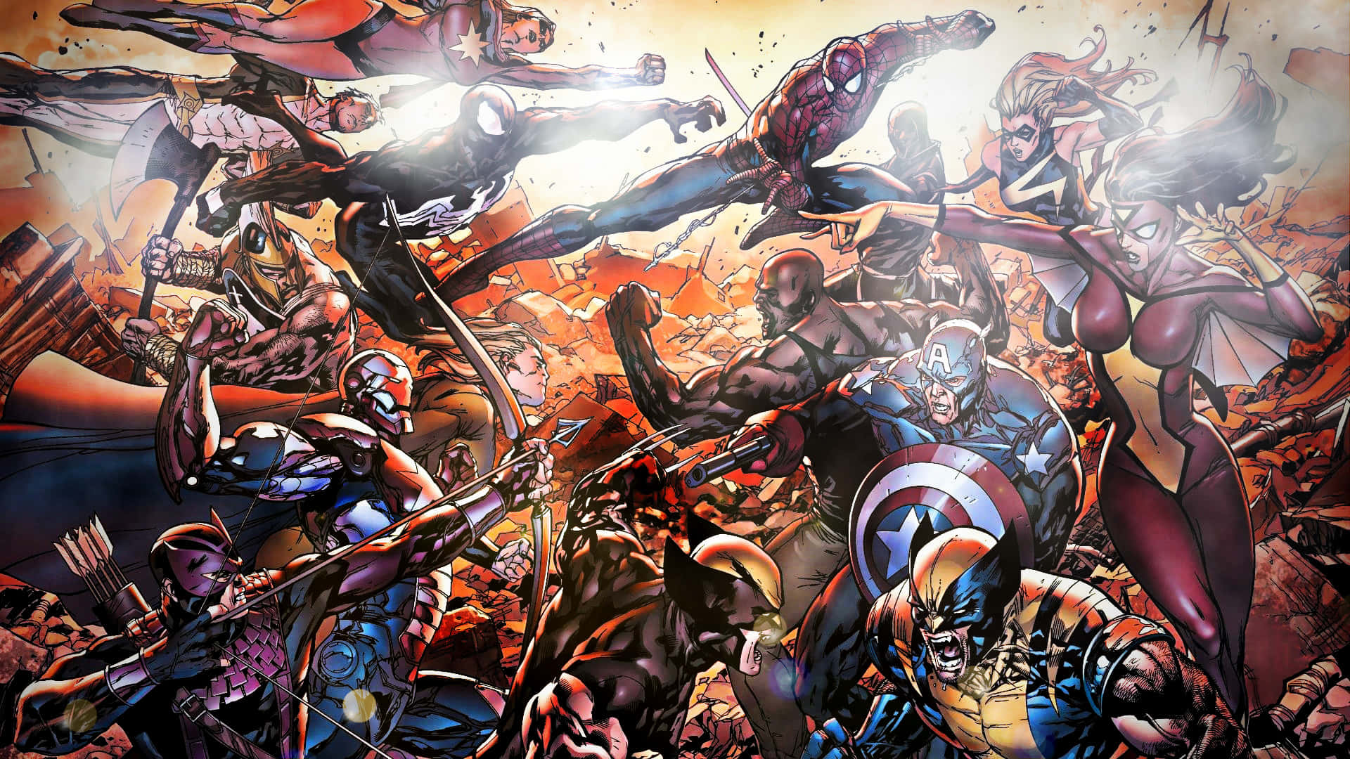 Secret Invasion 桌布 壁紙 — 動感漫畫英雄在熾熱的天空下，於崩塌的廢墟中展開激烈的戰鬥。
