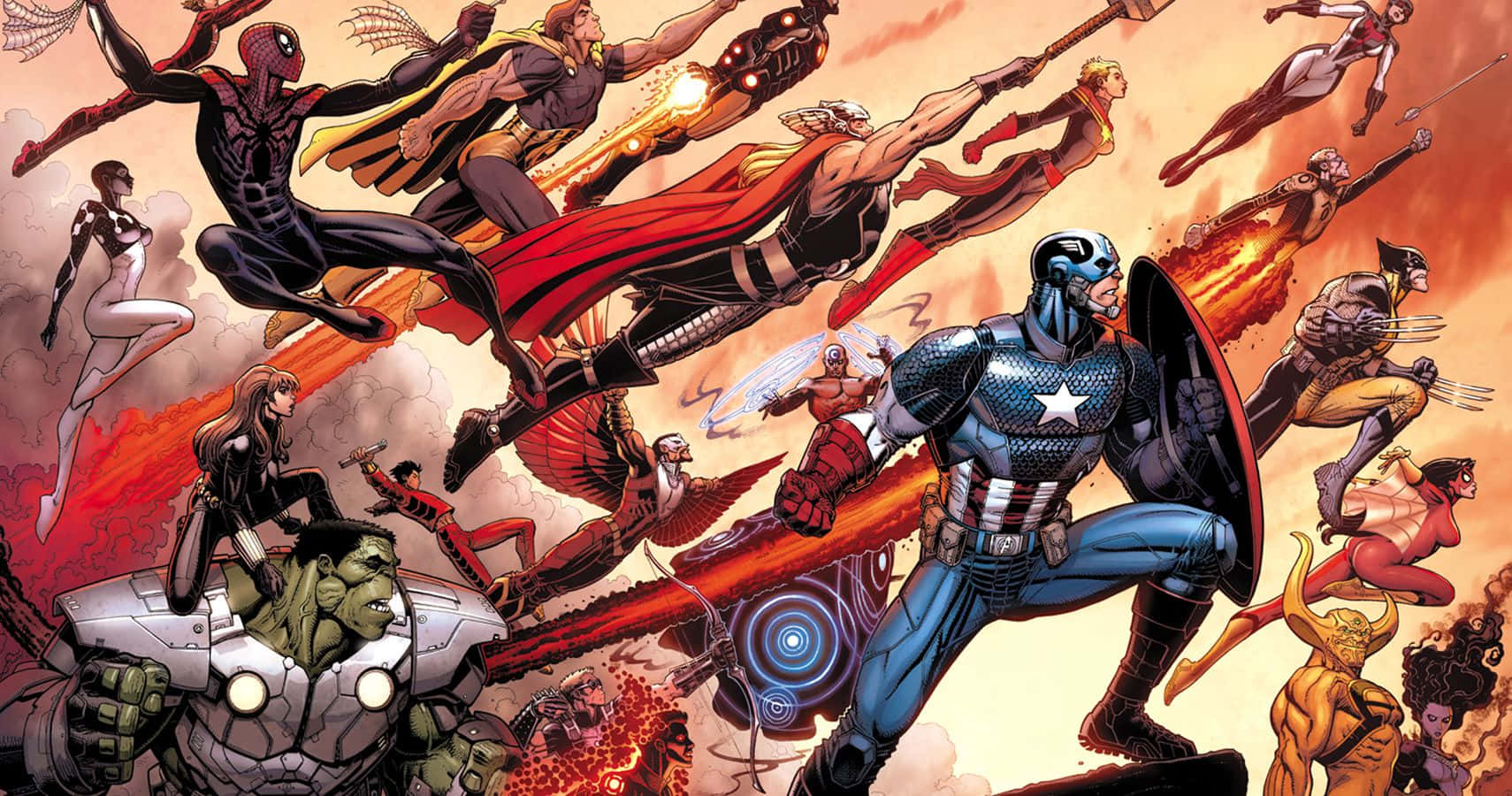 New Avengers 桌布 壁紙 — 動感漫畫英雄如美國隊長和蜘蛛俠在火熱、動作密集的戰鬥場景中翱翔和衝突。