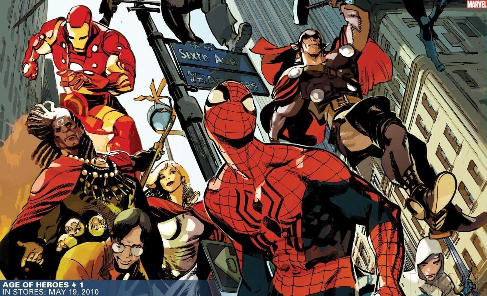 Iron Man Comics 桌布 壁紙 — 動感漫畫英雄如蜘蛛俠和鐵甲奇俠在混亂的城市街頭戰鬥中交鋒。