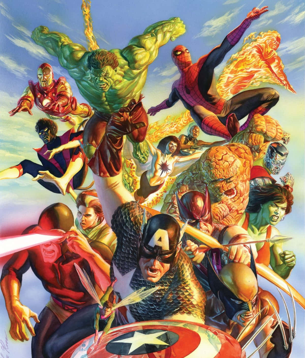 Mcu Characters 桌布 壁紙 — 動感漫畫英雄如變形俠醫和美國隊長在充滿活力的空中激戰中碰撞。