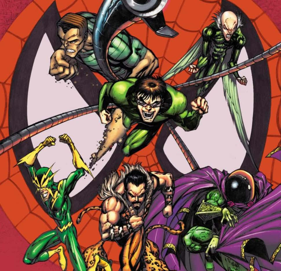 Sinister Six 桌布 壁紙 — 動感漫畫英雄與反派在充滿活力的綠色和紅色網格主題戰鬥場景中碰撞。