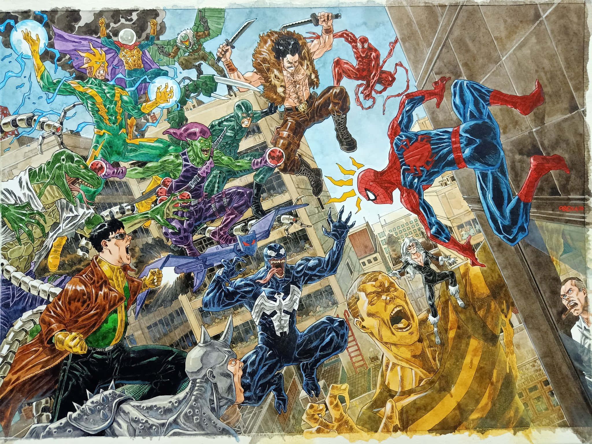 Sinister Six 桌布 壁紙 — 動感漫畫英雄與反派在城市景觀上空半空中激烈碰撞，上演一場混亂的超級英雄戰鬥場景。