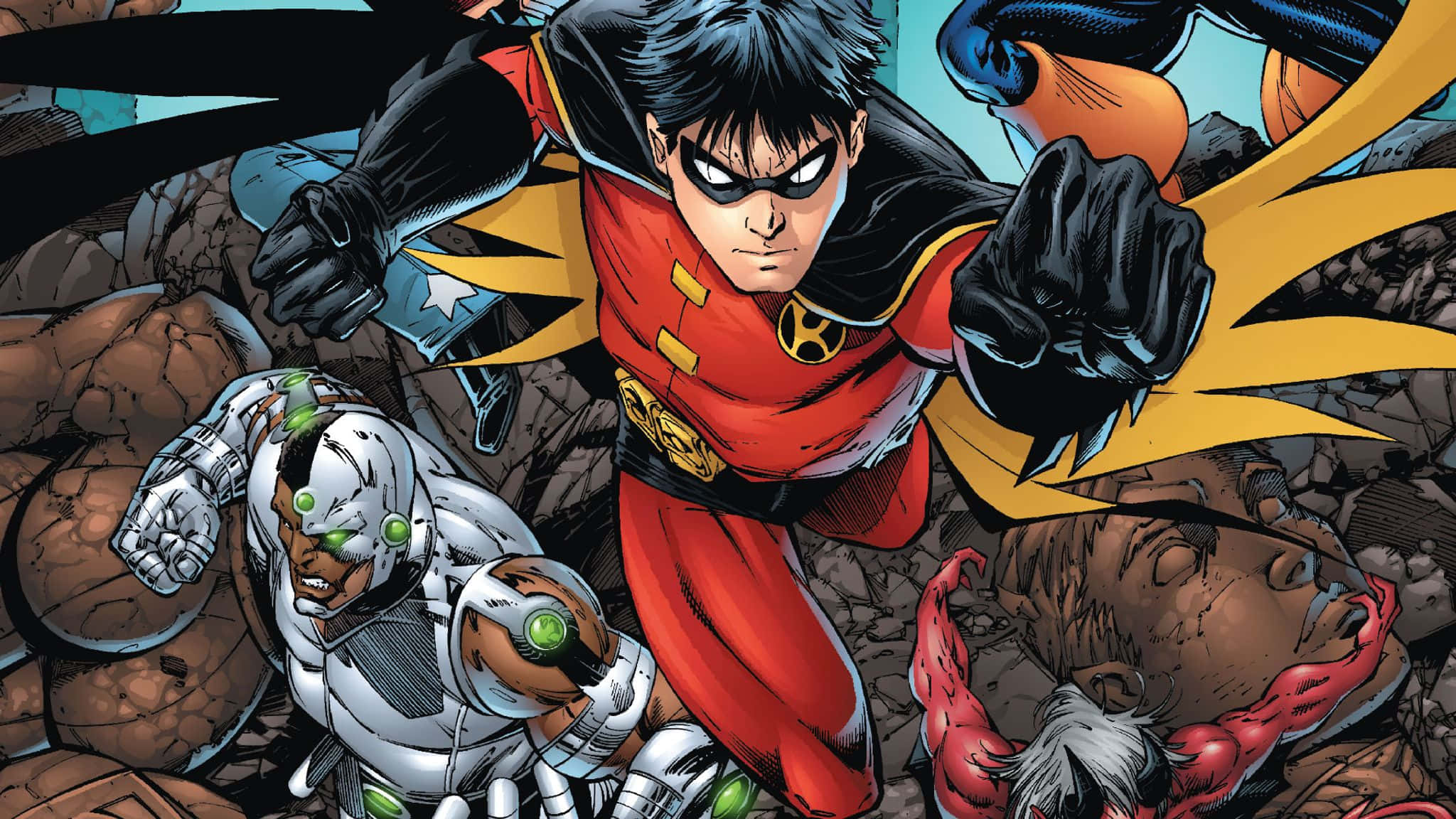 Tim Drake 桌布 壁紙 — 動感漫畫英雄身穿紅色和銀色戰衣，帶著強烈表情躍過瓦礫。