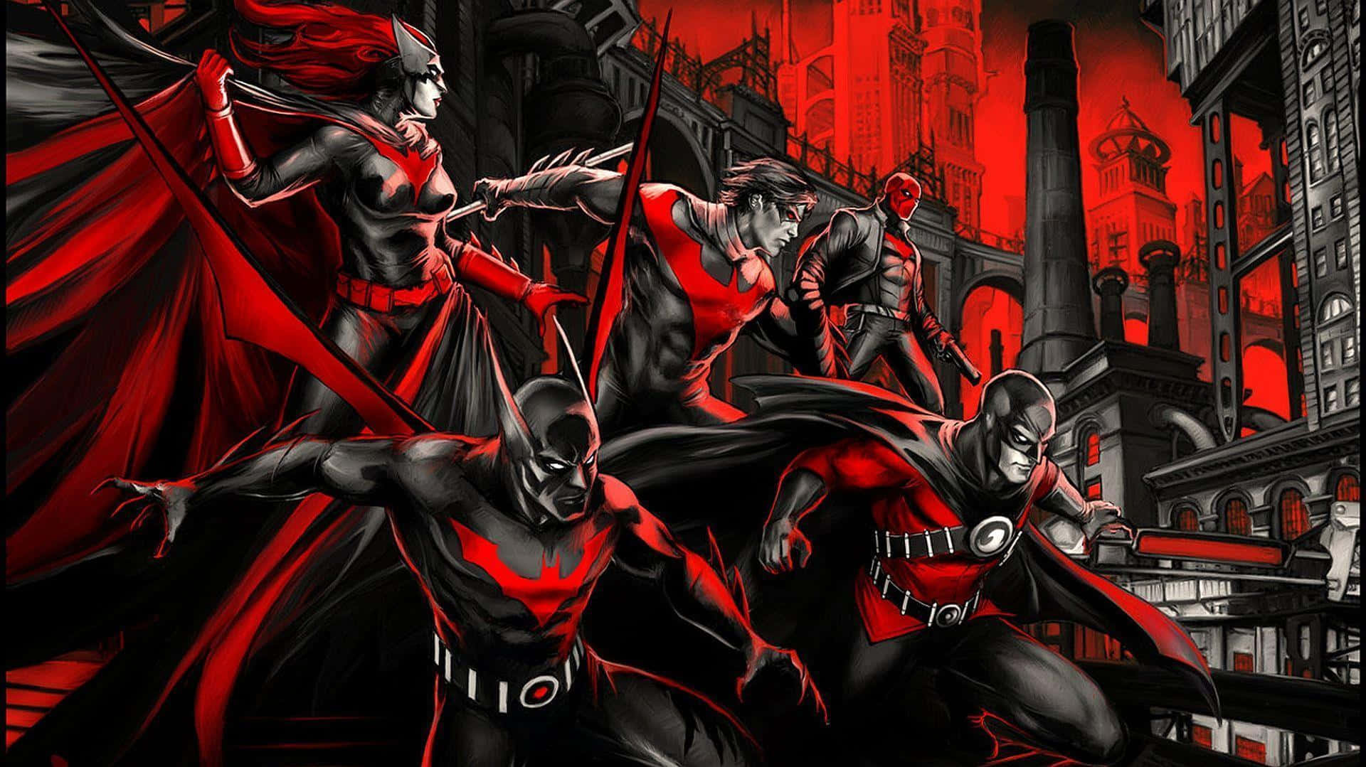 Bat-family 桌布 壁紙 — 動感漫畫英雄身穿紅黑服裝，在沐浴著深紅光芒的粗獷城市天際線中跳躍。