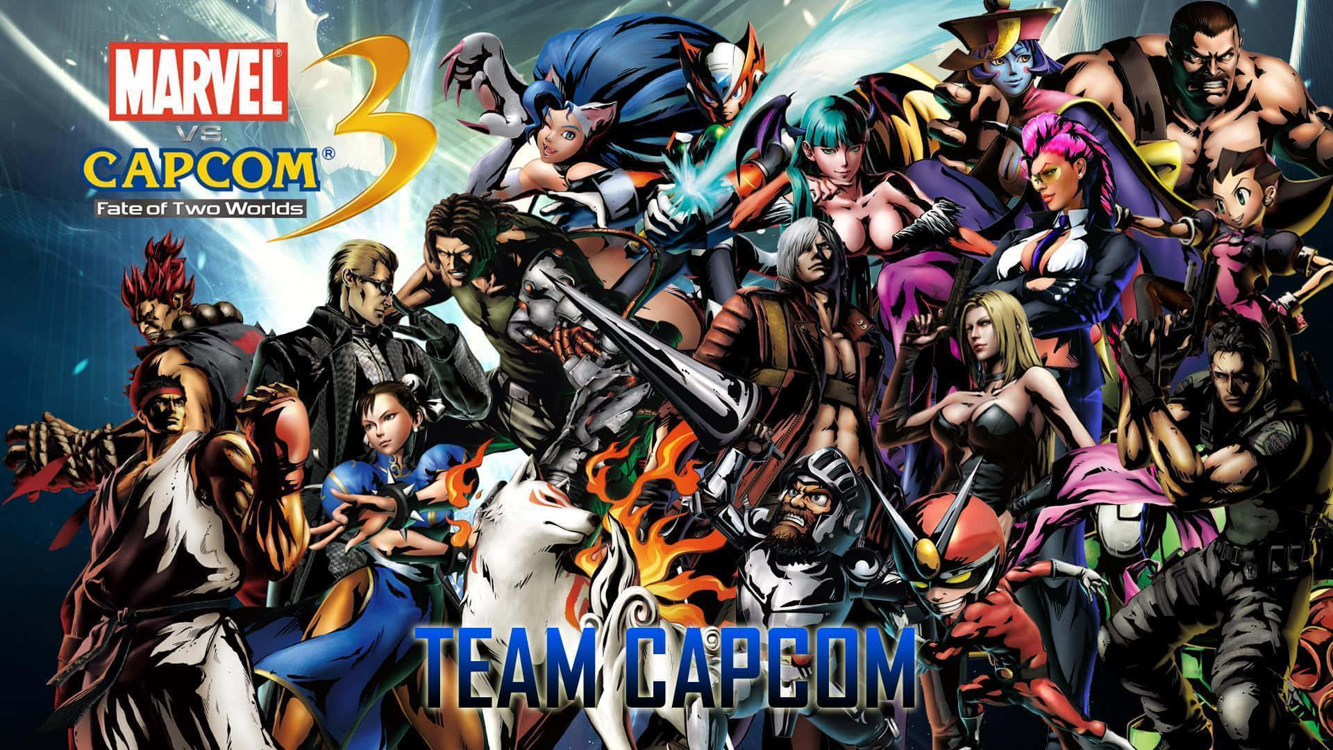 Marvel Vs Capcom Characters 桌布 壁紙 — 動感漫畫風格藝術作品，展示《Marvel vs Capcom 3》中嘅Team Capcom角色，色彩鮮豔，姿勢戲劇化。