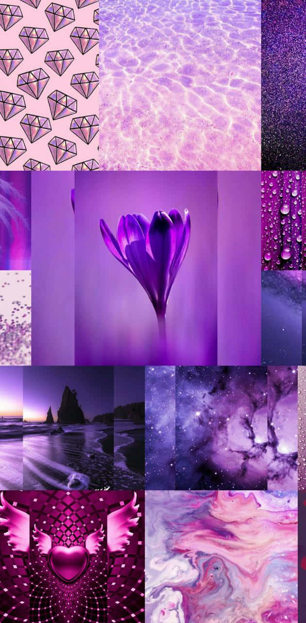 一個紫色主題拼貼畫，包含鑽石、水波紋、番紅花、宇宙星雲和抽象圖案。