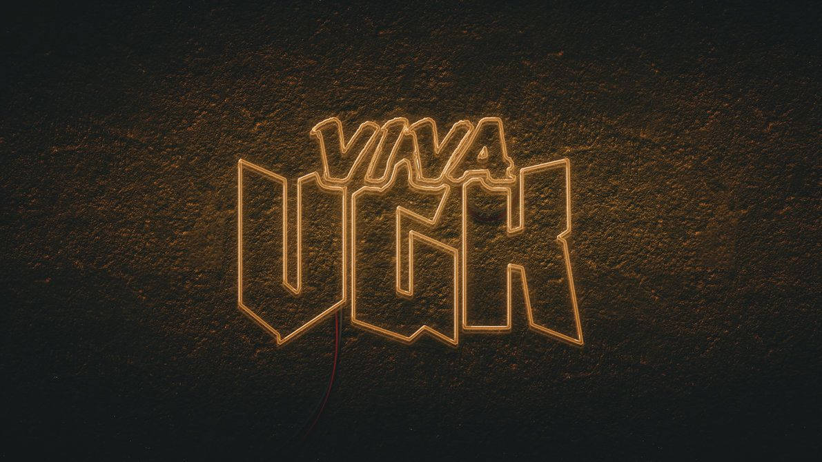 動感維加斯金鷹隊圖像藝術 壁紙 — 大膽的金色霓虹字母拼出 VIVA UGH，在粗糙的深色紋理牆壁上發光。