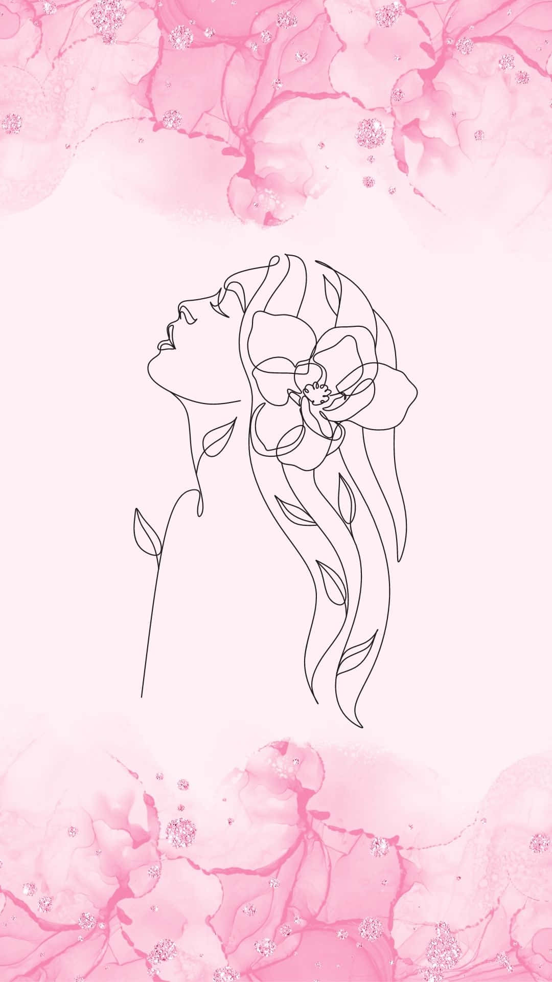 女性擁有花卉頭髮，極簡線條藝術，粉紅色水彩背景