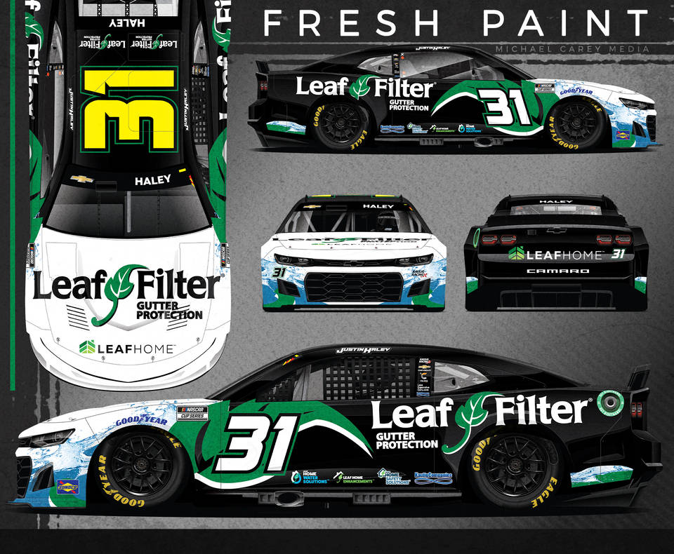 動感賈斯汀·黑利賽車海報 壁紙 — 黑色、白色和綠色的 #31 Leaf Filter NASCAR Camaro 賽車的詳細多角度渲染圖，帶有贊助商貼紙。