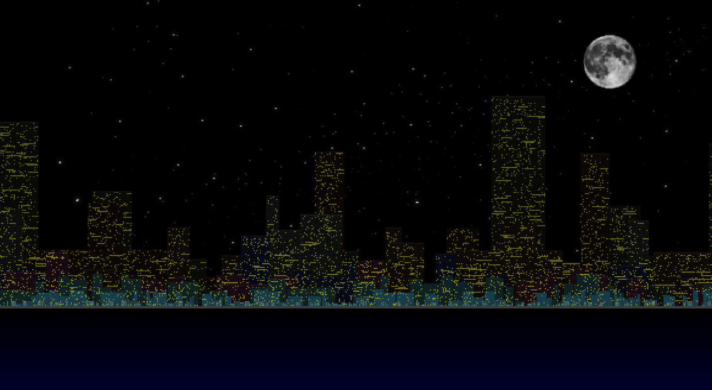 像素化城市天際線夜景，窗戶發光，滿月與星空下。
