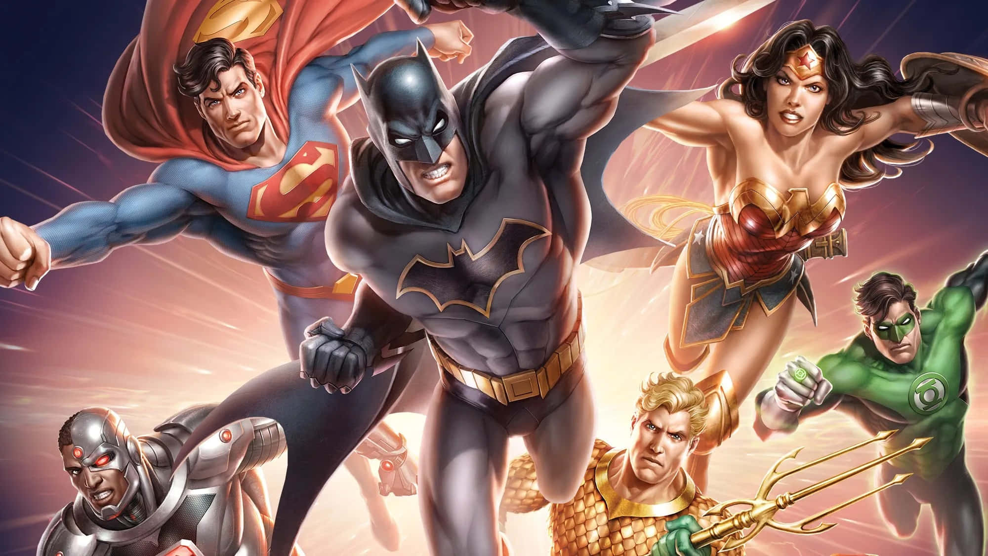 Animated Superhero Movies 桌布 壁紙 — 動感超級英雄團隊以大膽漫畫藝術風格，在光芒四射的宇宙背景下英勇擺出姿勢。