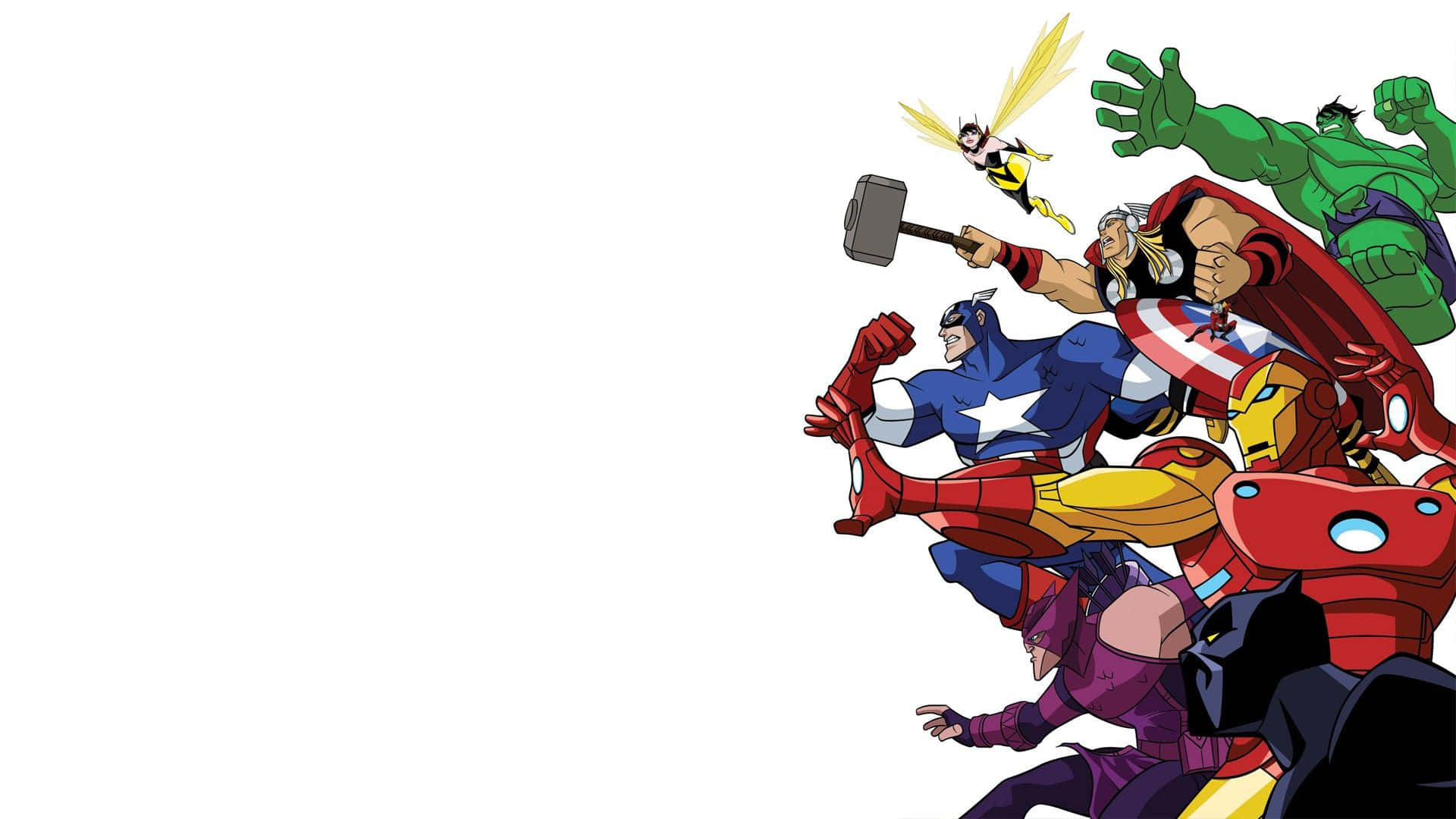 Earth's Mightiest Heroes 桌布 壁紙 — 動感超級英雄團隊在純白背景上以鮮明漫畫色彩和動作線條英勇擺出姿勢。