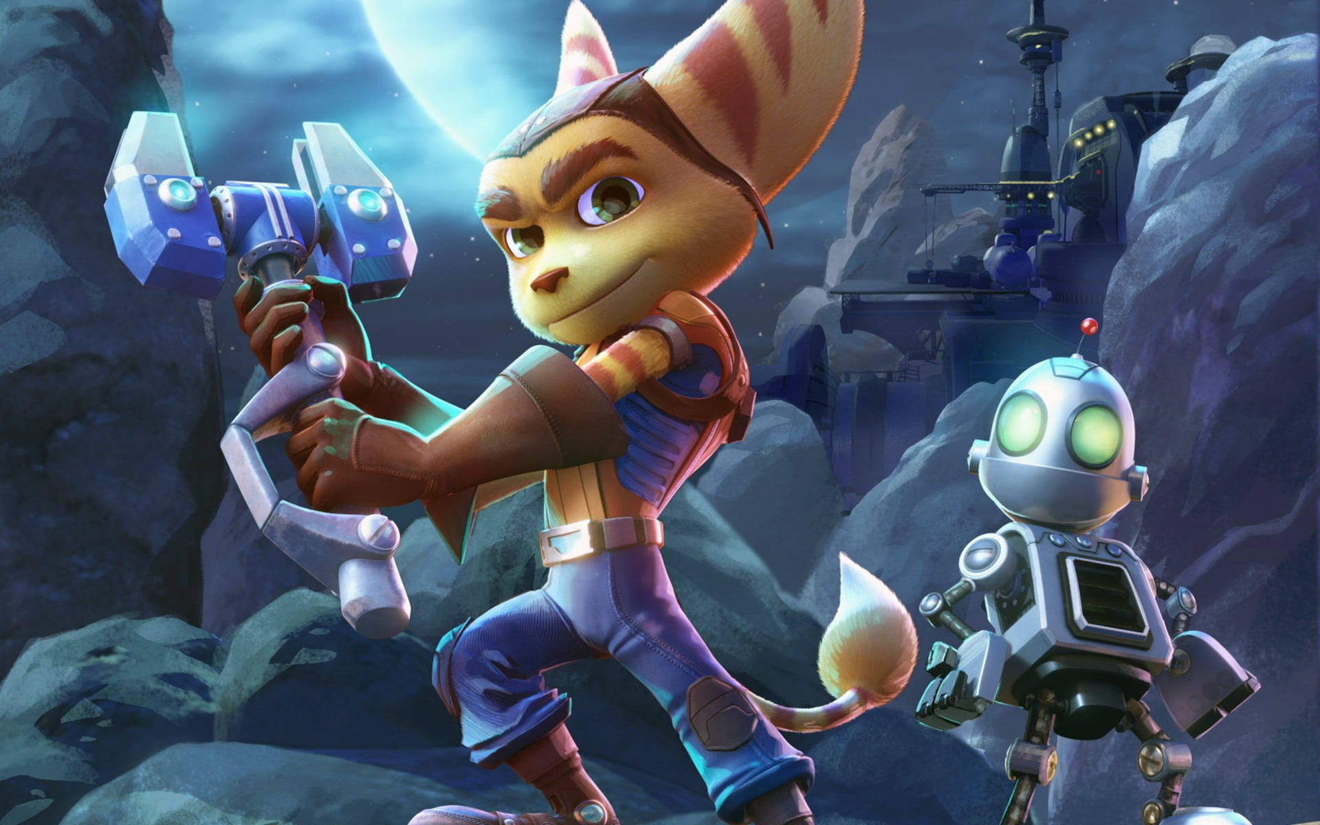 Ratchet the Lombax 和他的機械人Clank 站在滿月下的岩石峽谷中。