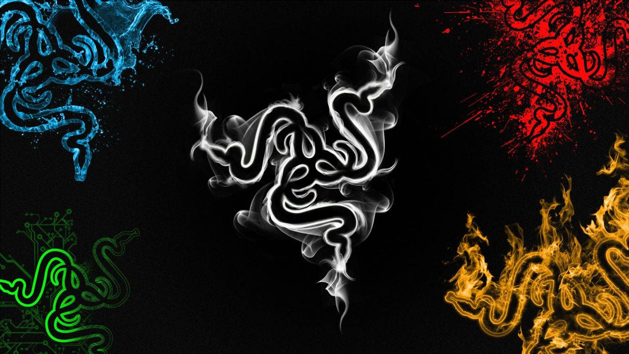 Razer 標誌以煙霧和液體效果呈現在黑色背景上，有藍色、綠色、白色、紅色和金色變體。