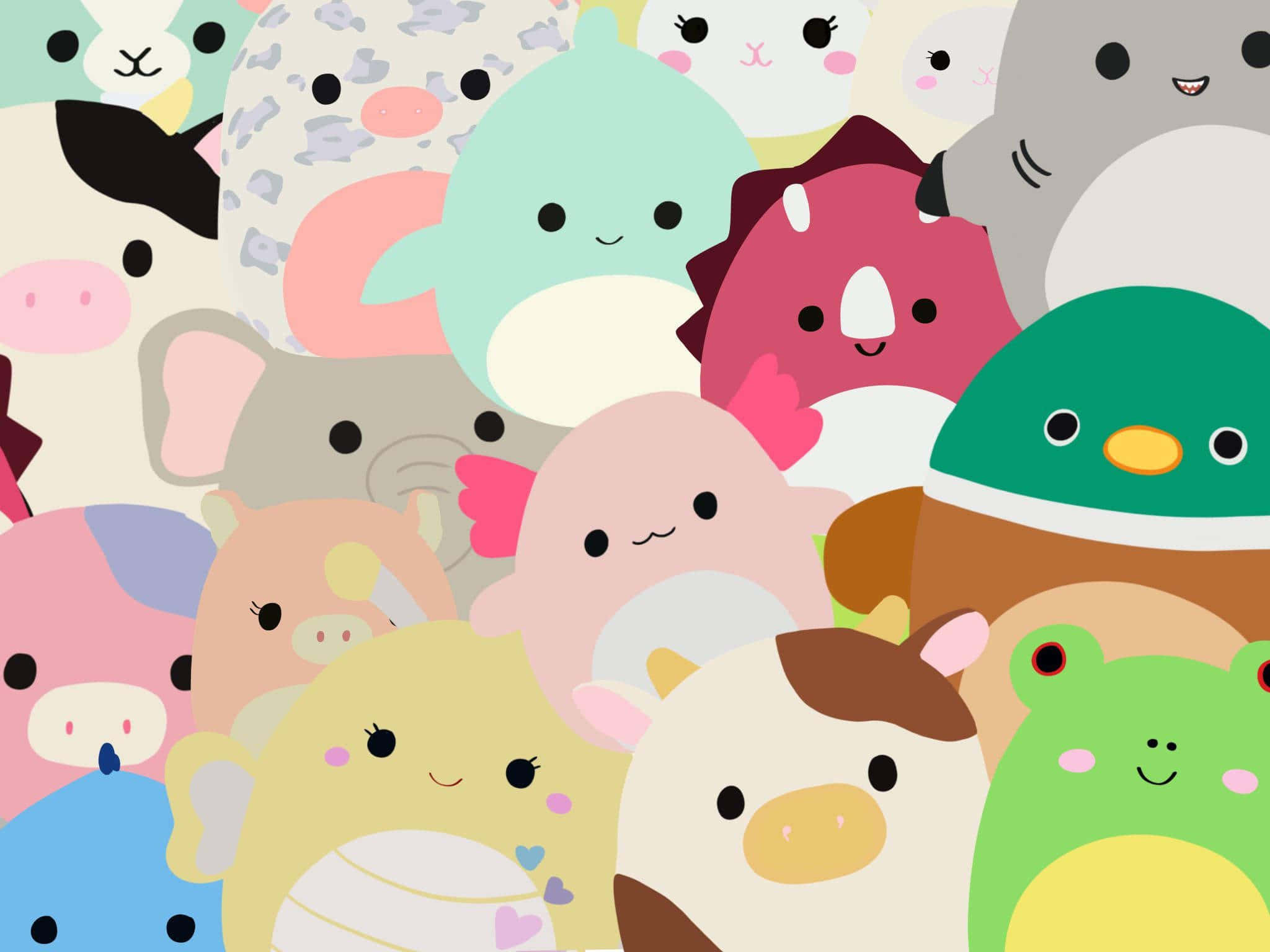 動態 Squishmallow 角色壁紙設計 壁紙 — 一群色彩繽紛、柔軟的卡通動物，帶有簡單可愛的臉孔和柔和粉彩色的歡樂群體。