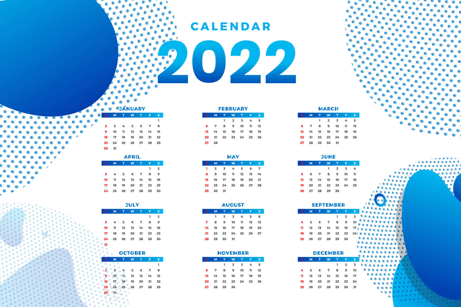 動態2022年曆 壁紙 — 2022年月曆，藍色抽象形狀和點狀圖案圍繞著每月網格。