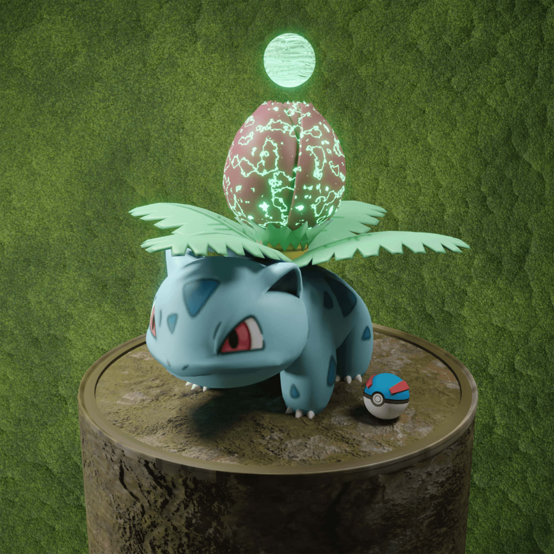 動態伊布動作人偶 壁紙 — 一個藍色嘅 Bulbasaur 雕像，背上有一個發光嘅綠色球體，企喺一個石造嘅底座上，背景係一面佈滿苔蘚嘅綠色牆壁。
