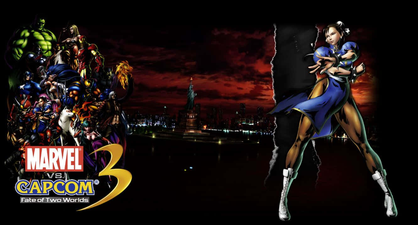 Marvel Vs Capcom Characters 桌布 壁紙 — 動態分屏壁紙，以黃昏時分火熱的紐約天際線為背景，展示 Marvel 和 Capcom 角色。