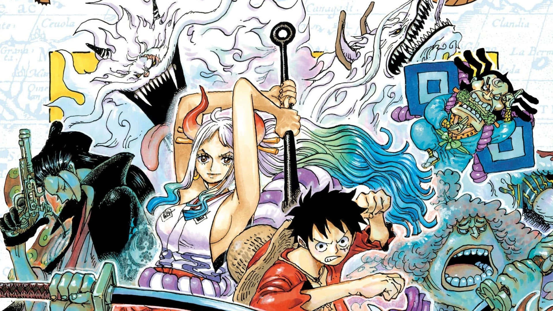 One Piece Characters 桌布 壁紙 — 動態動漫戰鬥場景，路飛和波雅·漢考克被怪物般的靈魂和混亂能量包圍。