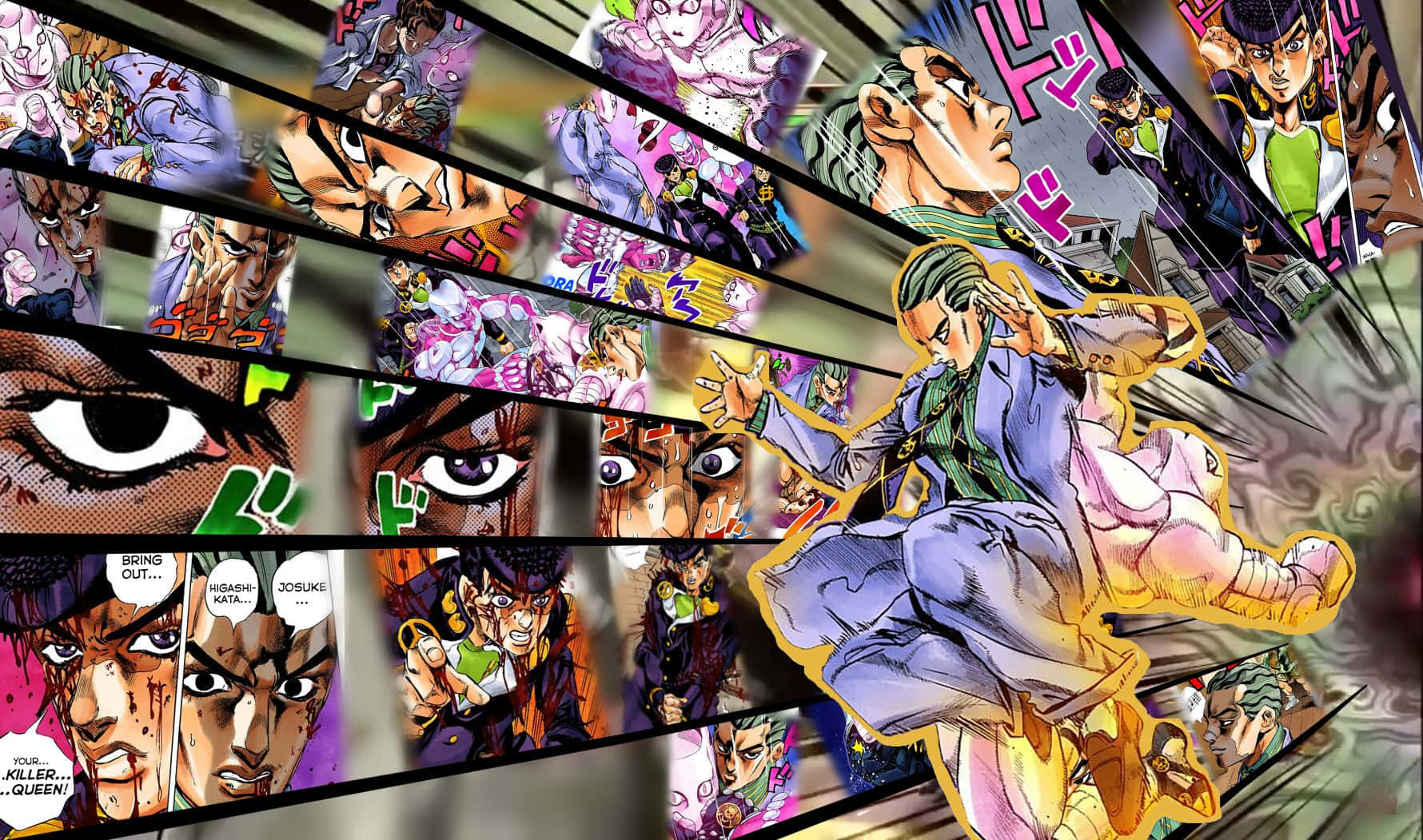 Jojo Meme 桌布 壁紙 — 動態動漫漫畫面板在充滿活力的漫畫書背景下爆炸出強烈的角色表情和動作姿勢。