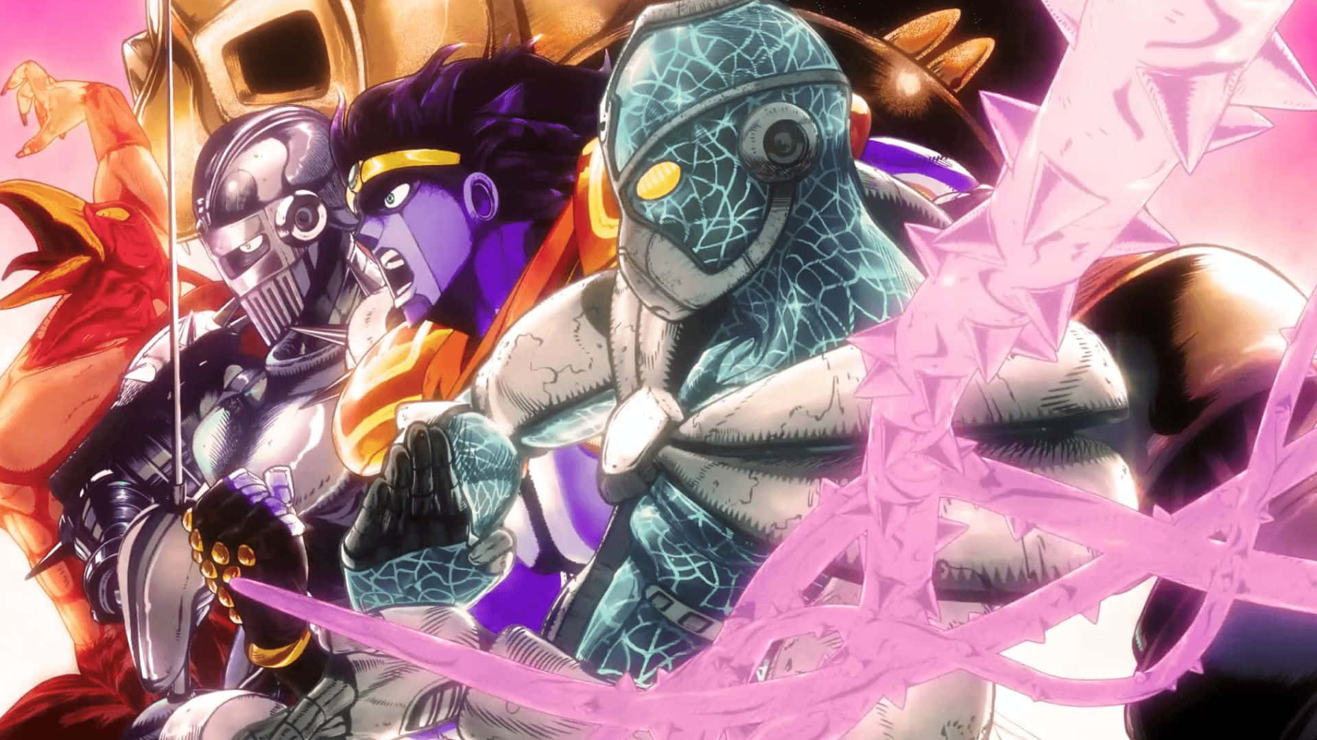 Jonathan Joestar 桌布 壁紙 — 動態動漫角色以發光的粉紅色能量和破裂的盔甲在高風險的戰鬥場景中碰撞。