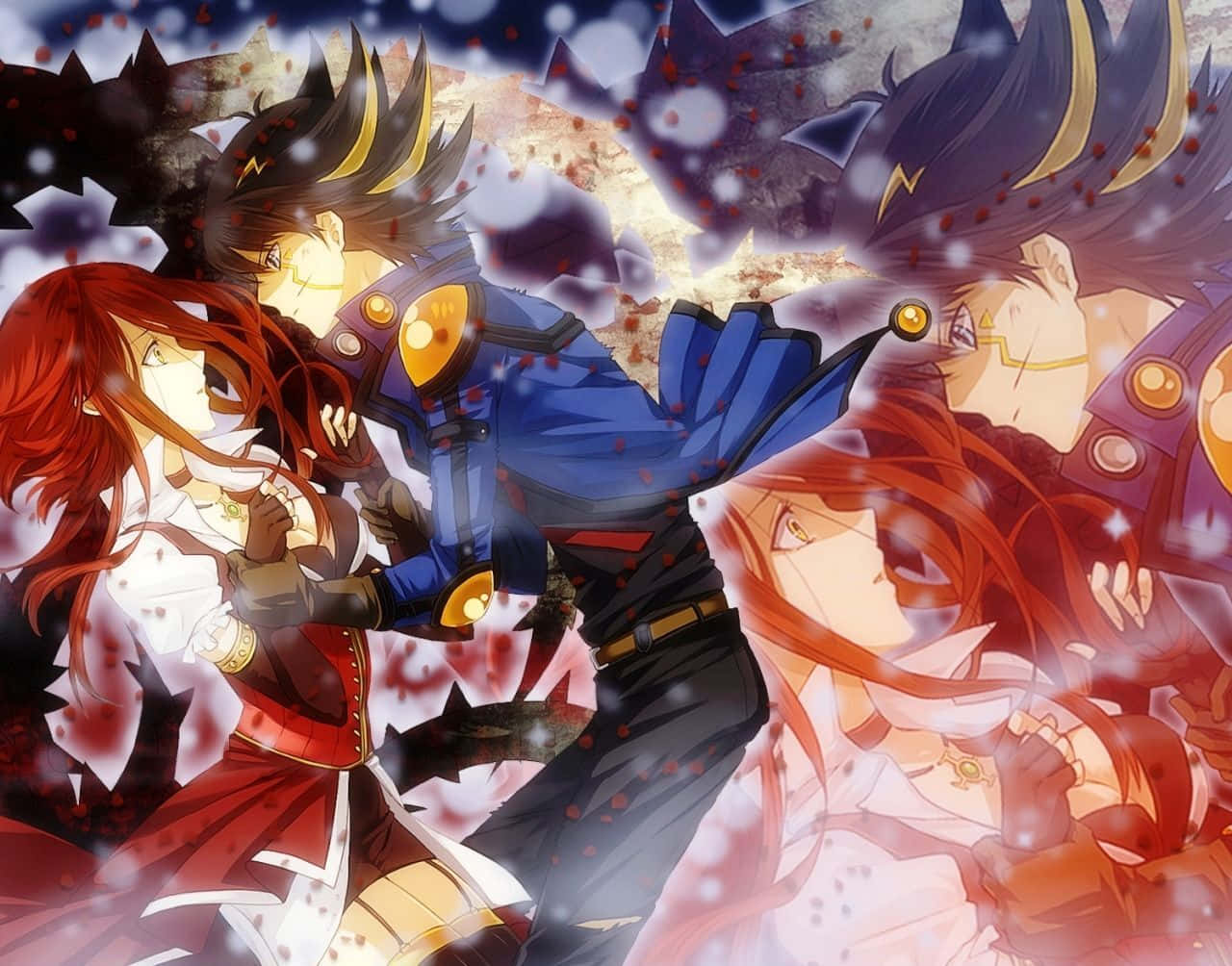 Yusei Fudo 桌布 壁紙 — 動態動漫角色在旋轉的紅色和藍色能量爆發中展開激烈戰鬥。
