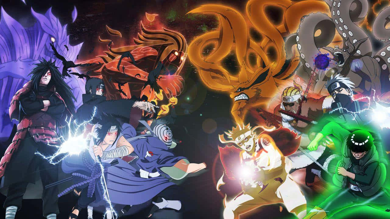 Ninja World 桌布 壁紙 — 動態動漫角色在黑暗天空下的混亂戰鬥中釋放出強大的查克拉野獸。