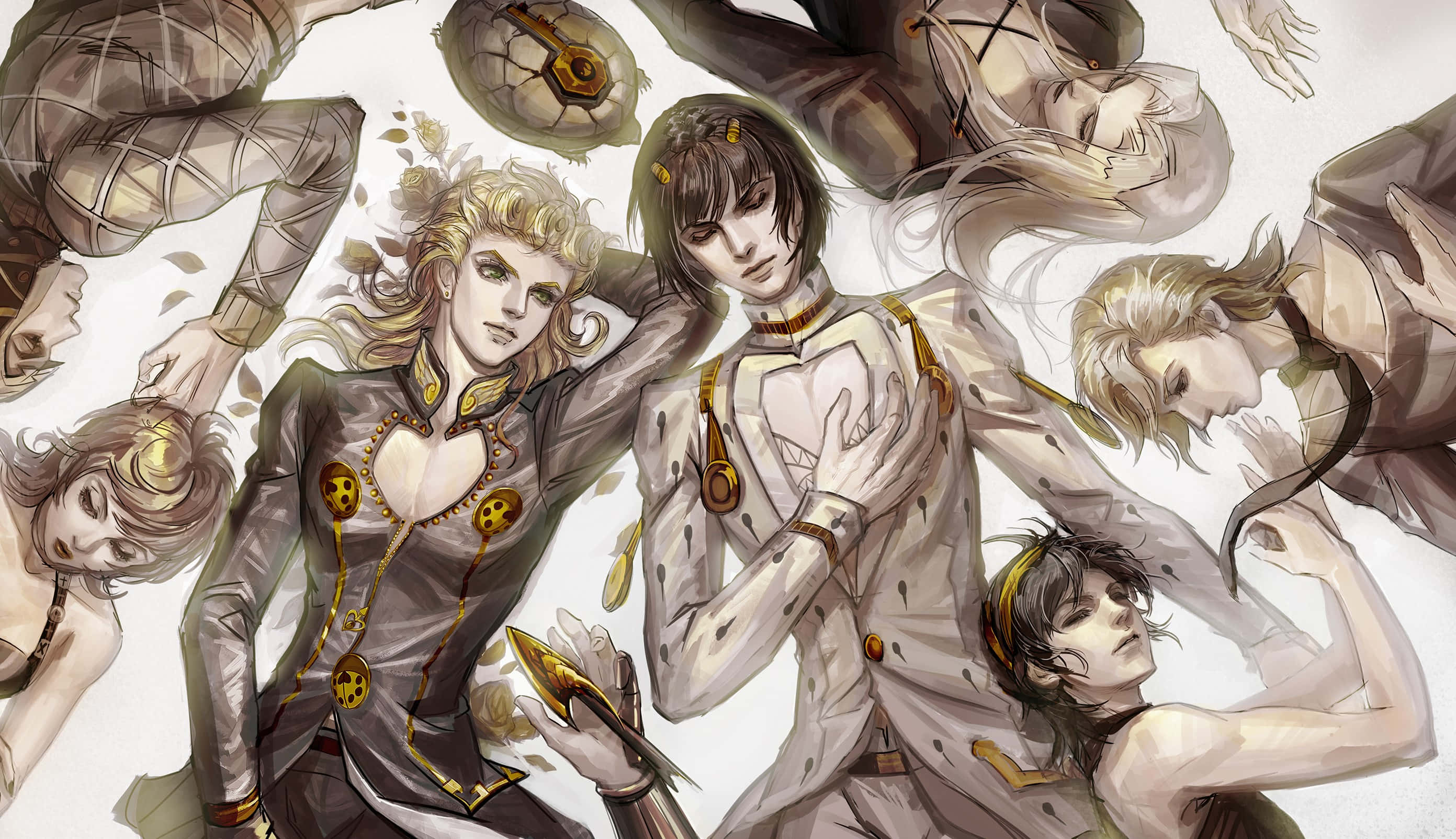 Vento Aureo 桌布 壁紙 — 動態動漫角色身著華麗服飾，在柔和的白色背景上飄浮於落葉之中。
