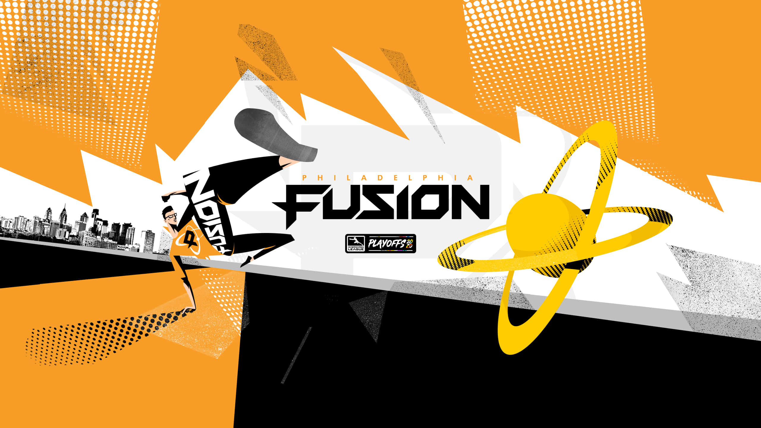 Overwatch League 桌布 壁紙 — 動態圖形設計，以一個籃球運動員在城市天際線上方空中飛躍，搭配大膽的橙色和黑色幾何形狀。