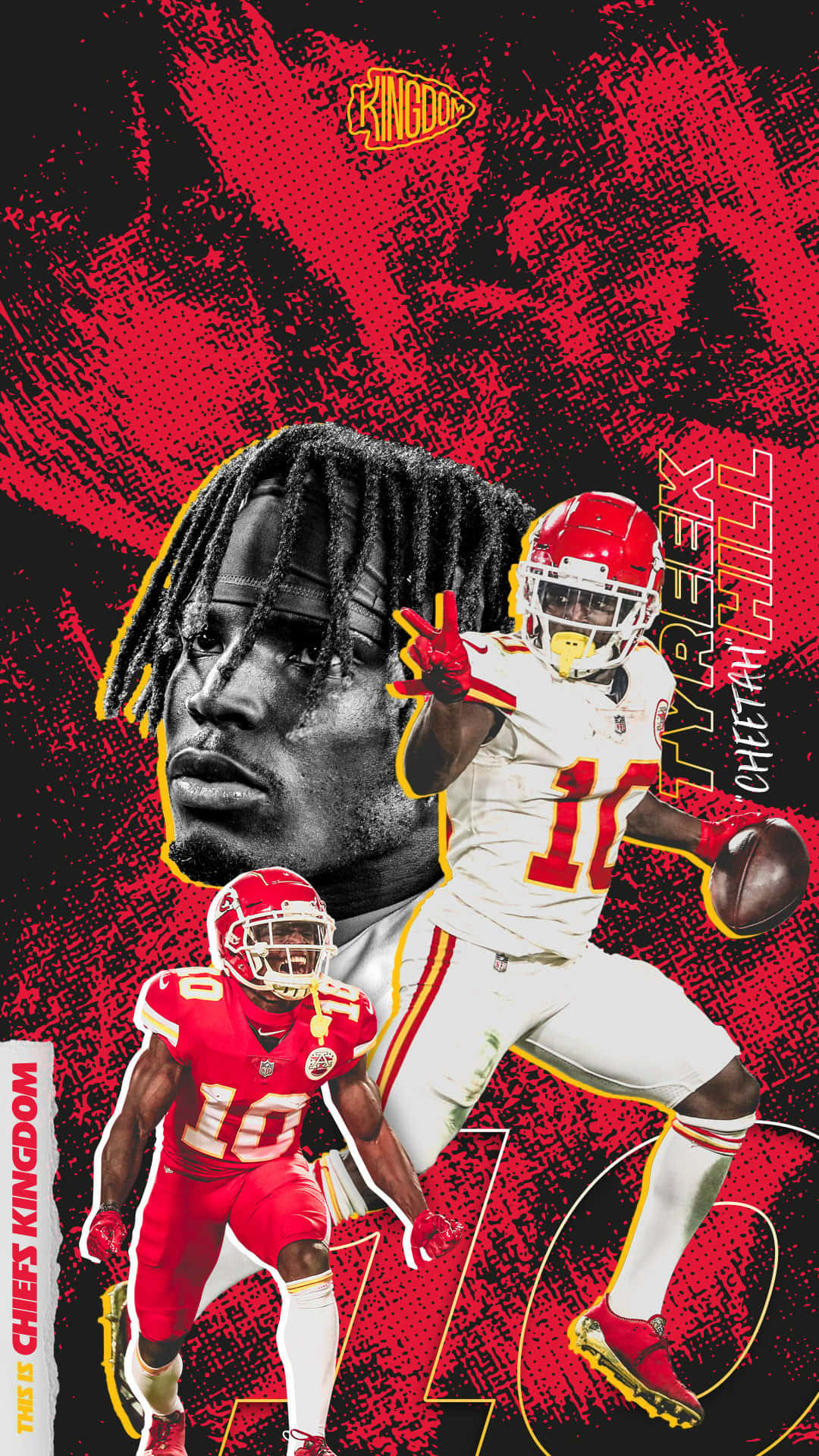 Kansas City Chiefs 桌布 壁紙 — 動態壁紙，以堪薩斯城酋長隊球員泰里克·希爾在行動中搭配大膽的紅色和黑色圖形元素為特色。