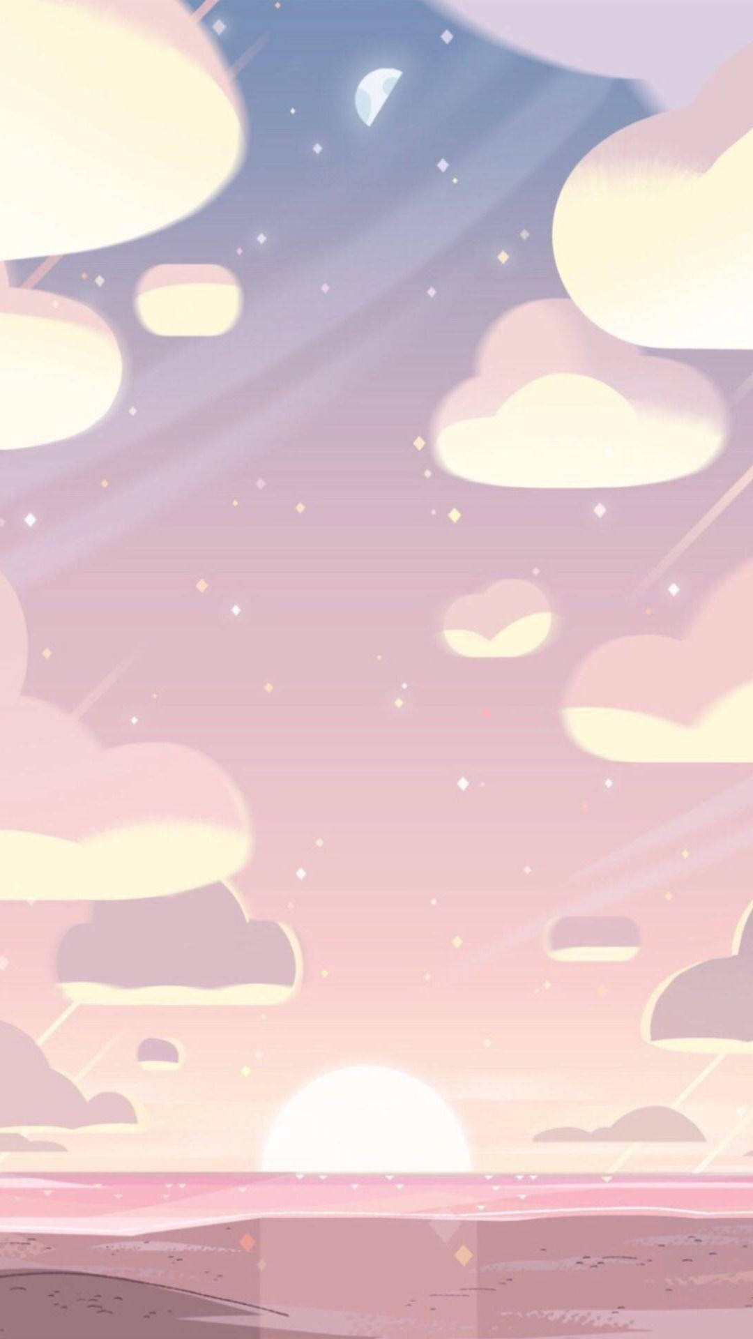 動態夕陽手機壁紙 壁紙 — 夢幻嘅粉彩天空，有柔和嘅雲同地平線上發光嘅太陽，浸喺粉紅薰衣草色調中。