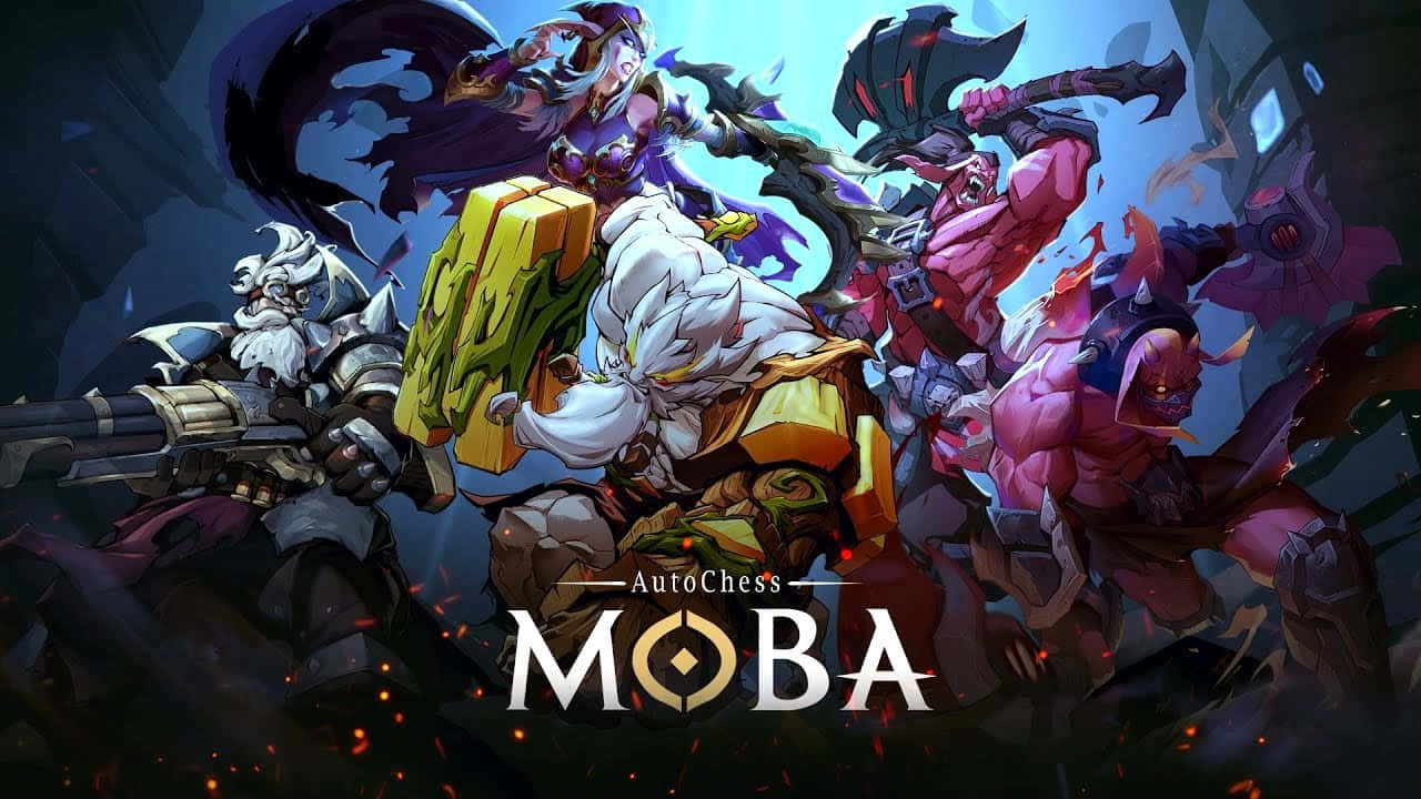 Moba Games 桌布 壁紙 — 動態奇幻角色在充滿活力的色彩和激烈動作的戲劇性MOBA遊戲場景中碰撞。