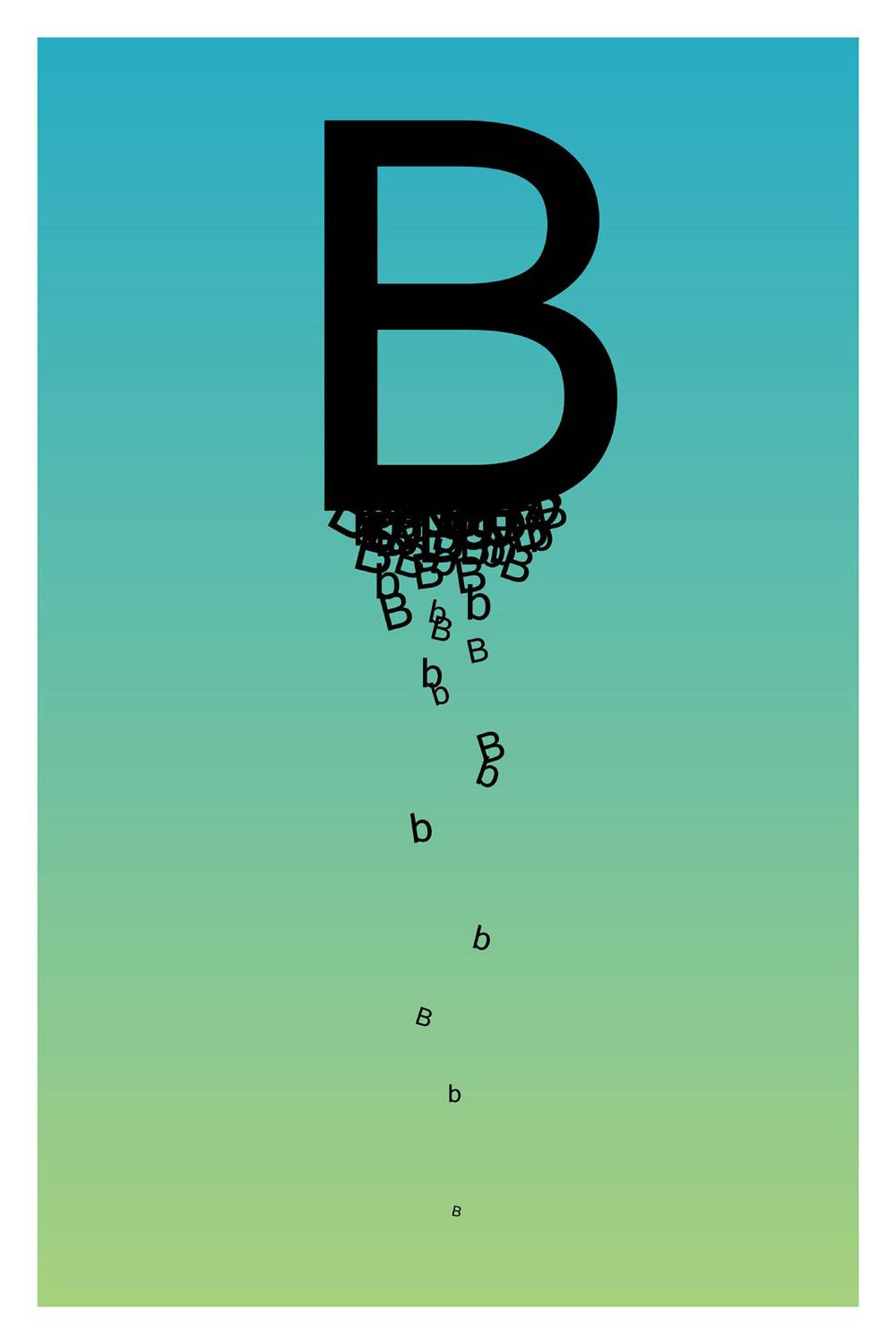 動態字母B 壁紙 — 一個大型黑色字母B滴落著較小且散落的B，背景為從藍綠色到綠色的漸變。