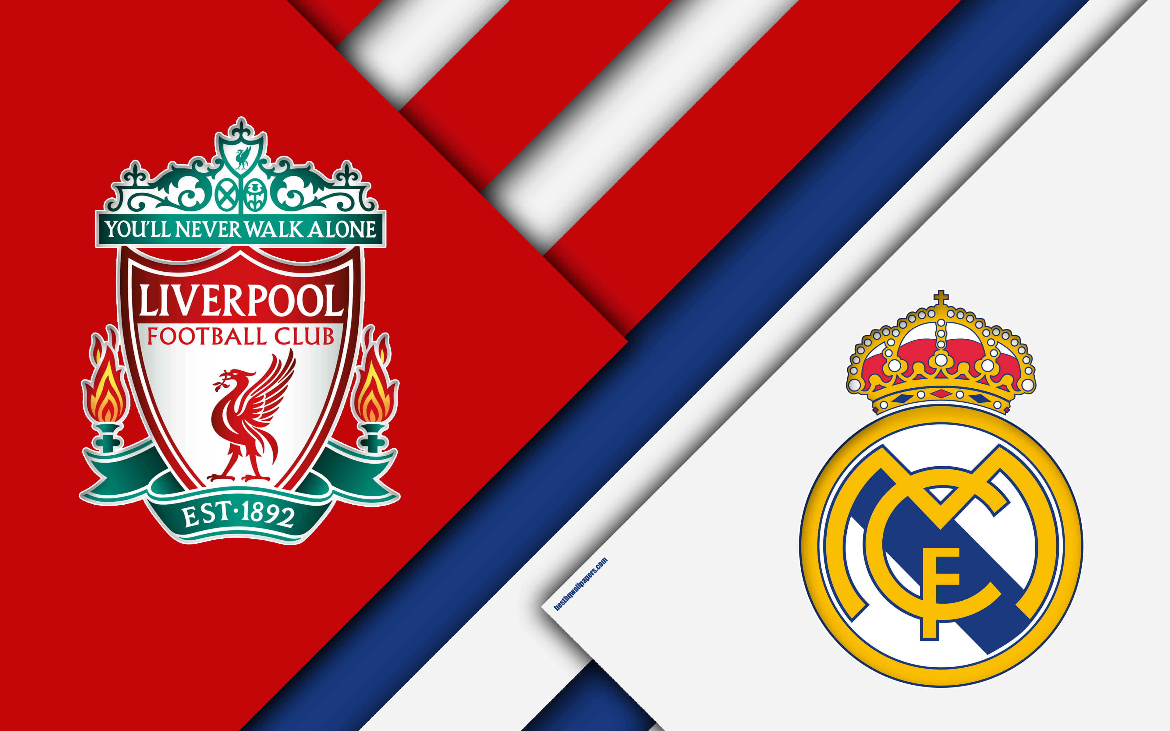 Liverpool Logo 桌布 壁紙 — 動態對角分割牆紙，展示利物浦足球會和皇家馬德里足球會的徽章，背景為大膽的紅、白、藍幾何圖案。