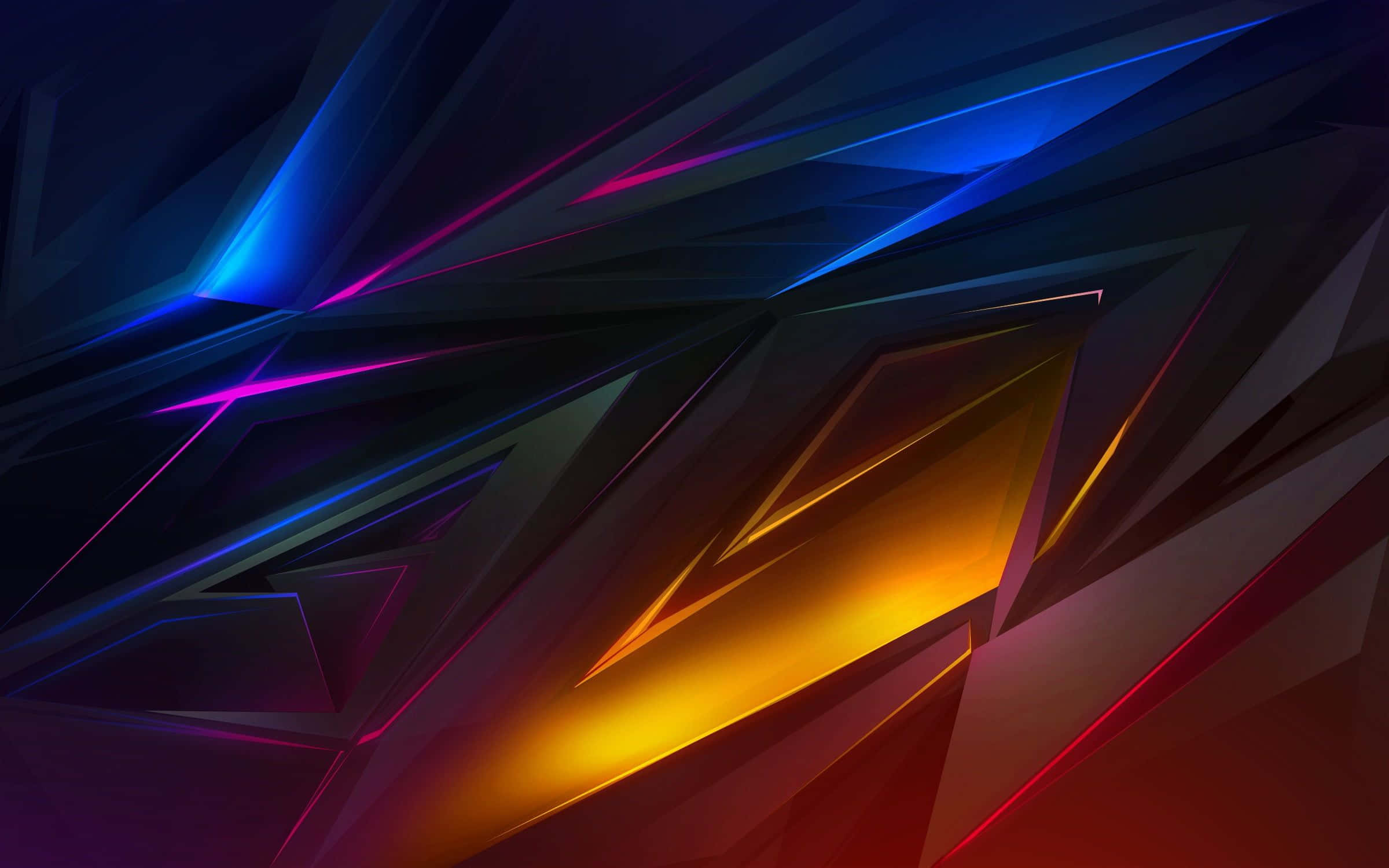 Digital Art 桌布 壁紙 — 動態抽象幾何碎片在黑暗背景下閃耀著電光藍、洋紅和金色光芒。