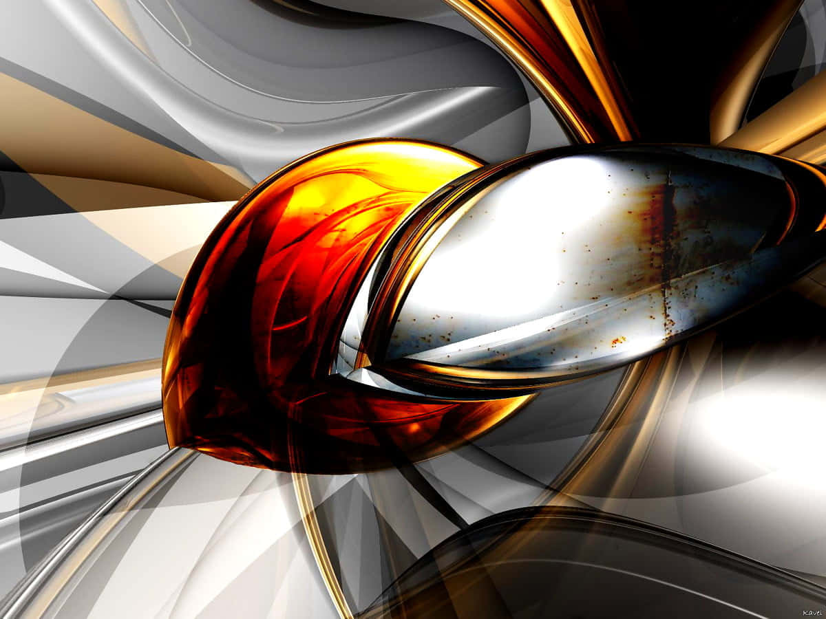 3d Abstract 桌布 壁紙 — 動態抽象形態在金屬金色、琥珀色和銀色中旋轉，帶有光澤反射和鮮明對比。